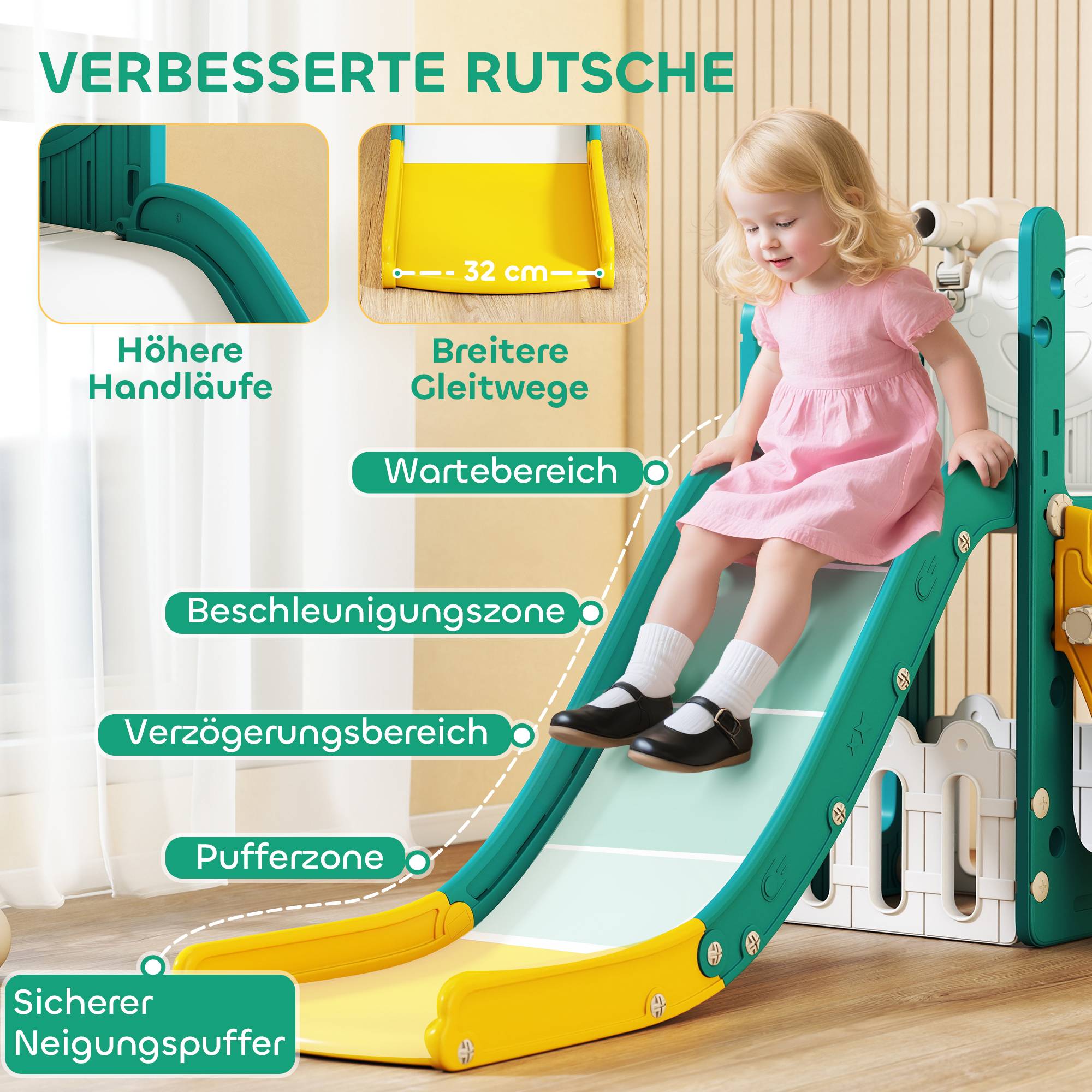 Ensemble de jeu 5 en 1 pour enfants : toboggan télescopique, panier de basket, plastique, jaune et vert. - Image 7