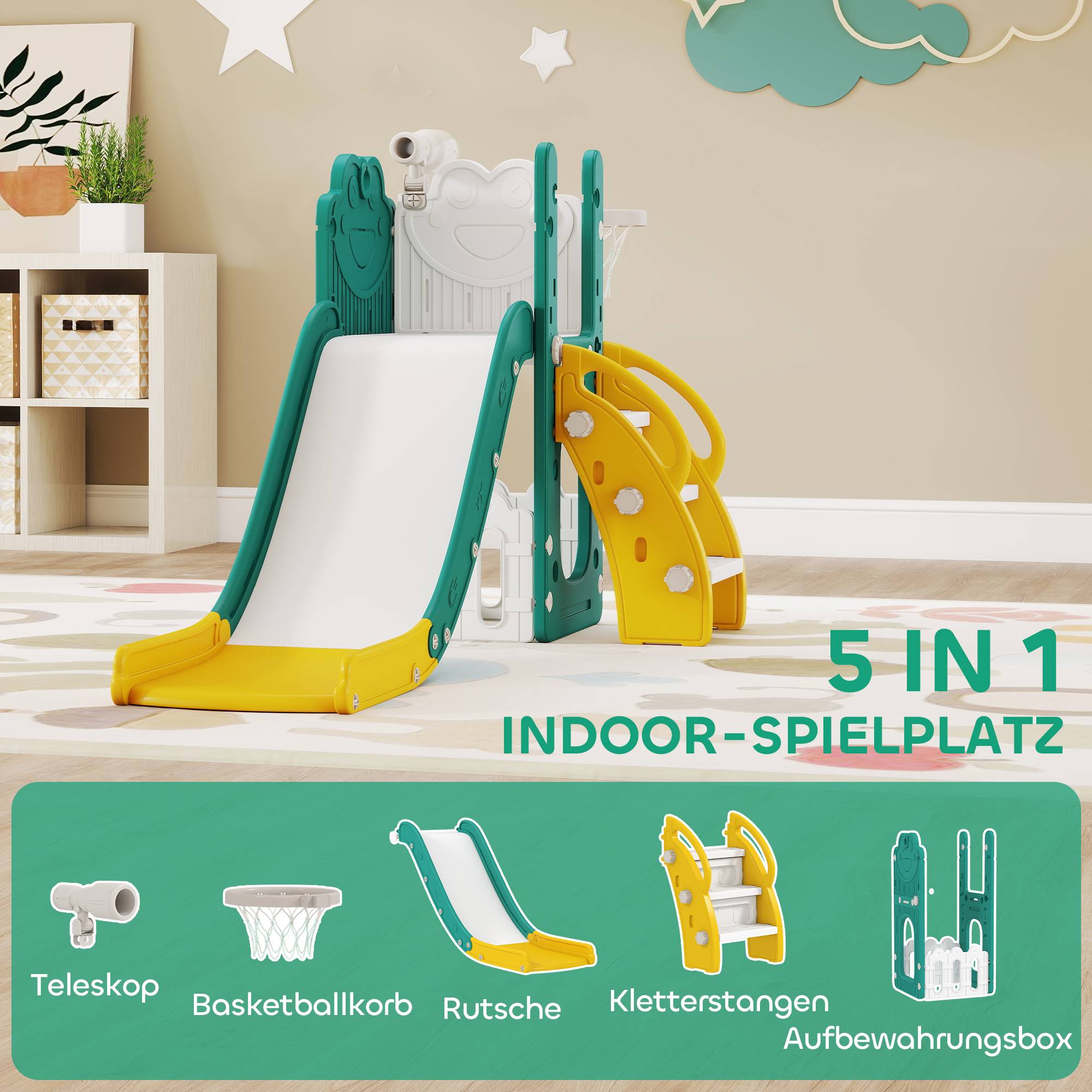 Ensemble de jeu 5 en 1 pour enfants : toboggan télescopique, panier de basket, plastique, jaune et vert. - Image 6
