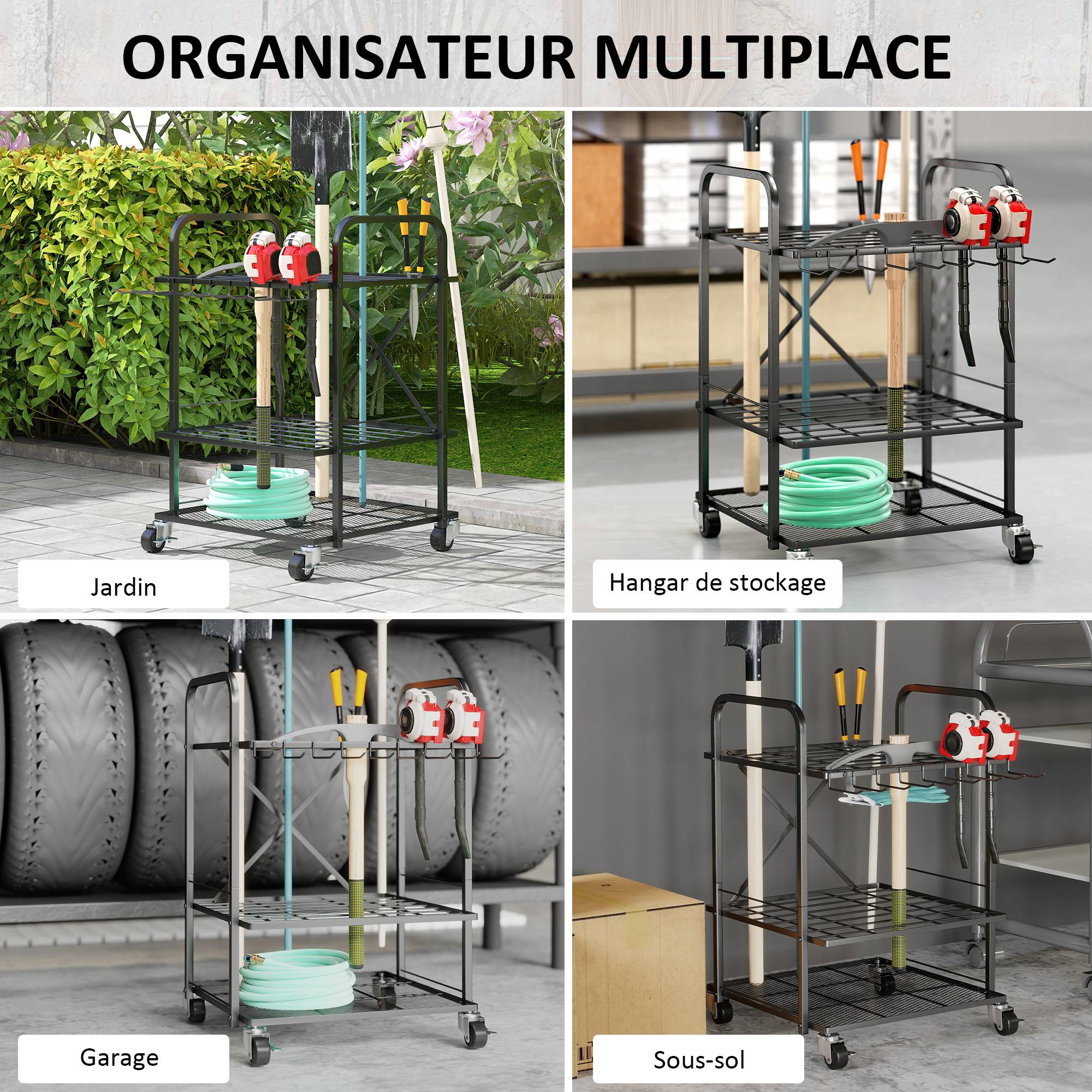ComfortXL - Organisateur outils de jardin métal noir 57 x 48 x 70 cm garage mobile à roulettes - ComfortXL Outdoor Living - Image 9