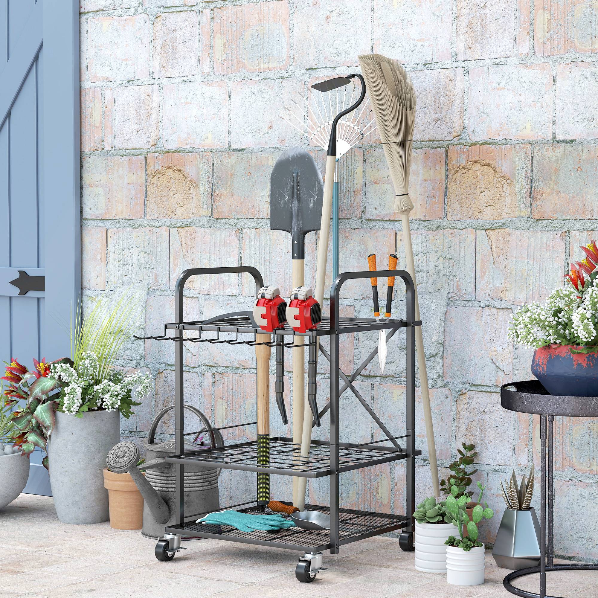 ComfortXL - Organisateur outils de jardin métal noir 57 x 48 x 70 cm garage mobile à roulettes - ComfortXL Outdoor Living - Image 3