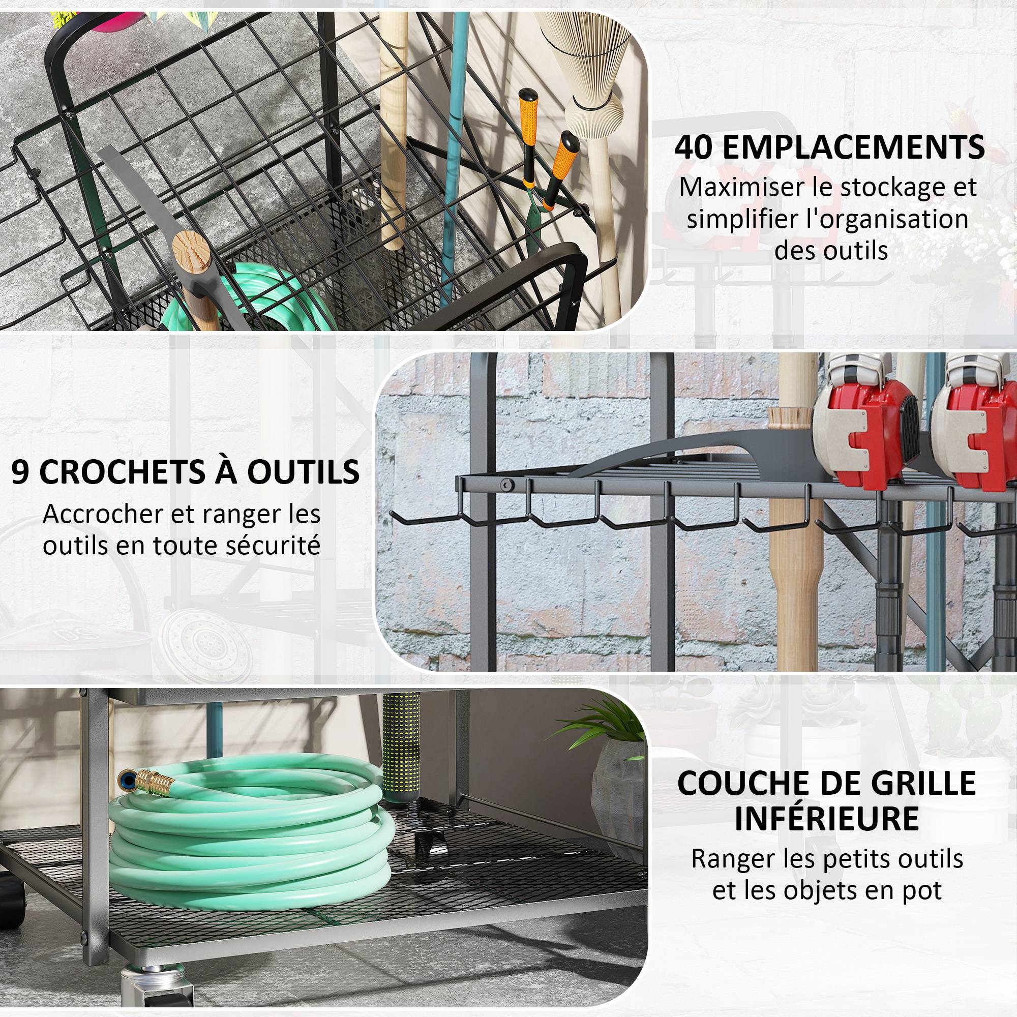 ComfortXL - Organisateur outils de jardin métal noir 57 x 48 x 70 cm garage mobile à roulettes - ComfortXL Outdoor Living - Image 5