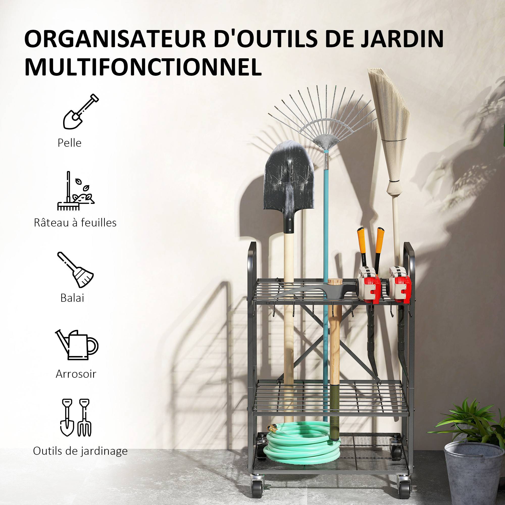 ComfortXL - Organisateur outils de jardin métal noir 57 x 48 x 70 cm garage mobile à roulettes - ComfortXL Outdoor Living - Image 7