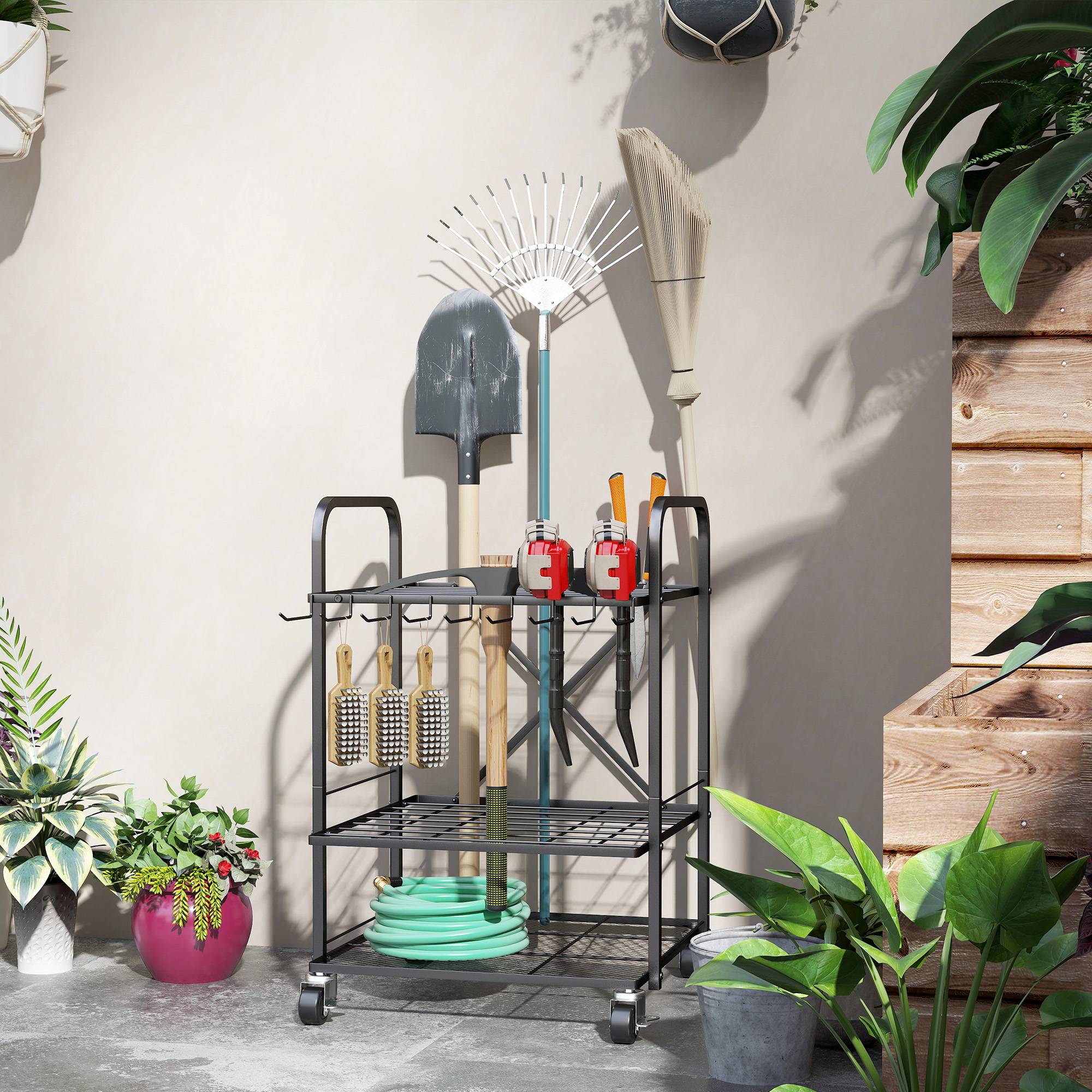 ComfortXL - Organisateur outils de jardin métal noir 57 x 48 x 70 cm garage mobile à roulettes - ComfortXL Outdoor Living - Image 10