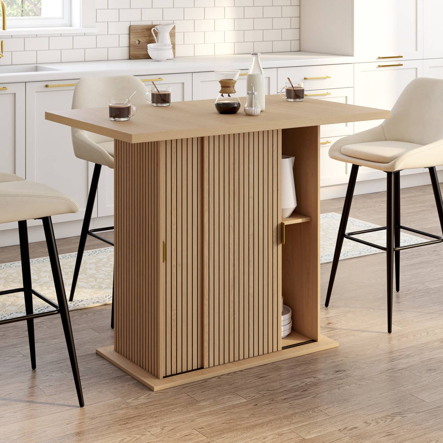 IDMARKET - Ilot central 4 personnes JULIETTE 110 cm pied central avec rangement effet lattes tasseau de bois - Image 1
