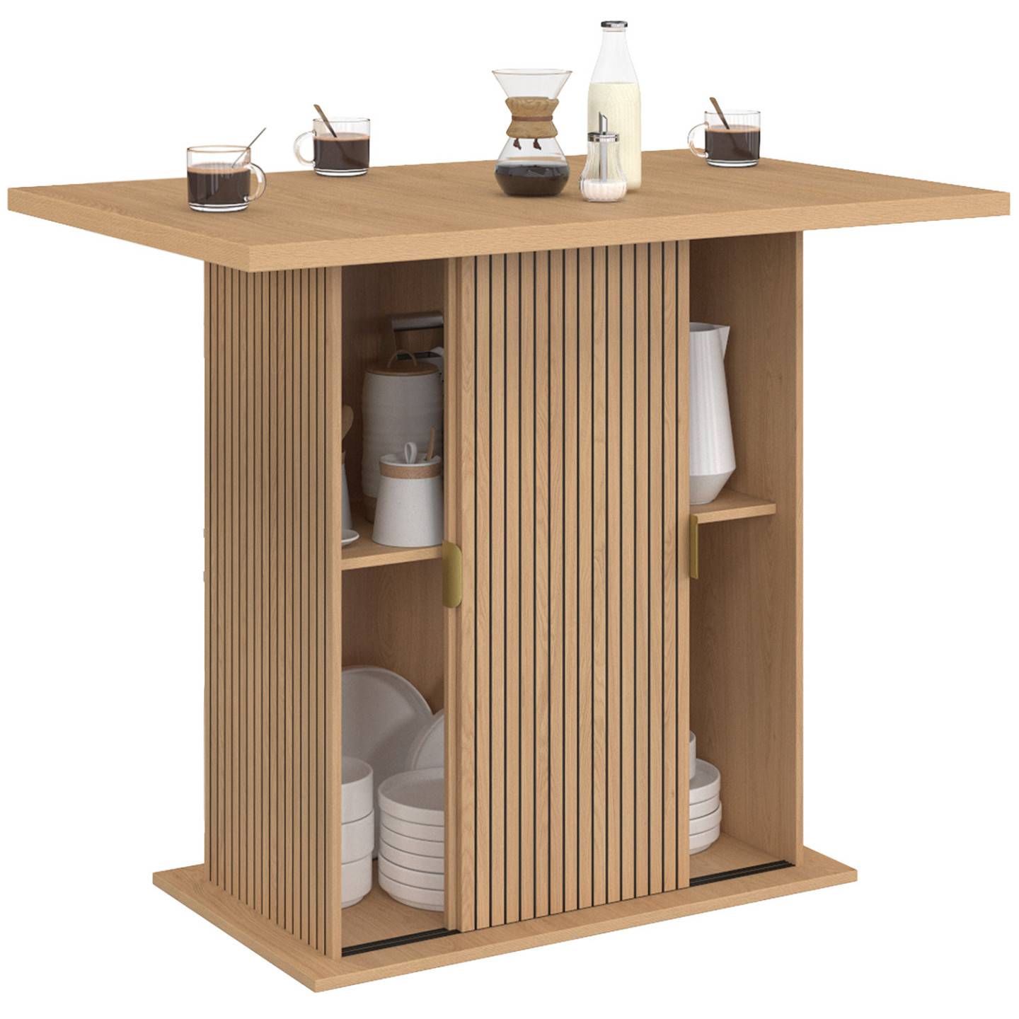 IDMARKET - Ilot central 4 personnes JULIETTE 110 cm pied central avec rangement effet lattes tasseau de bois - Image 4