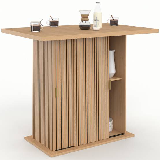 IDMARKET - Ilot central 4 personnes JULIETTE 110 cm pied central avec rangement effet lattes tasseau de bois - Image 2
