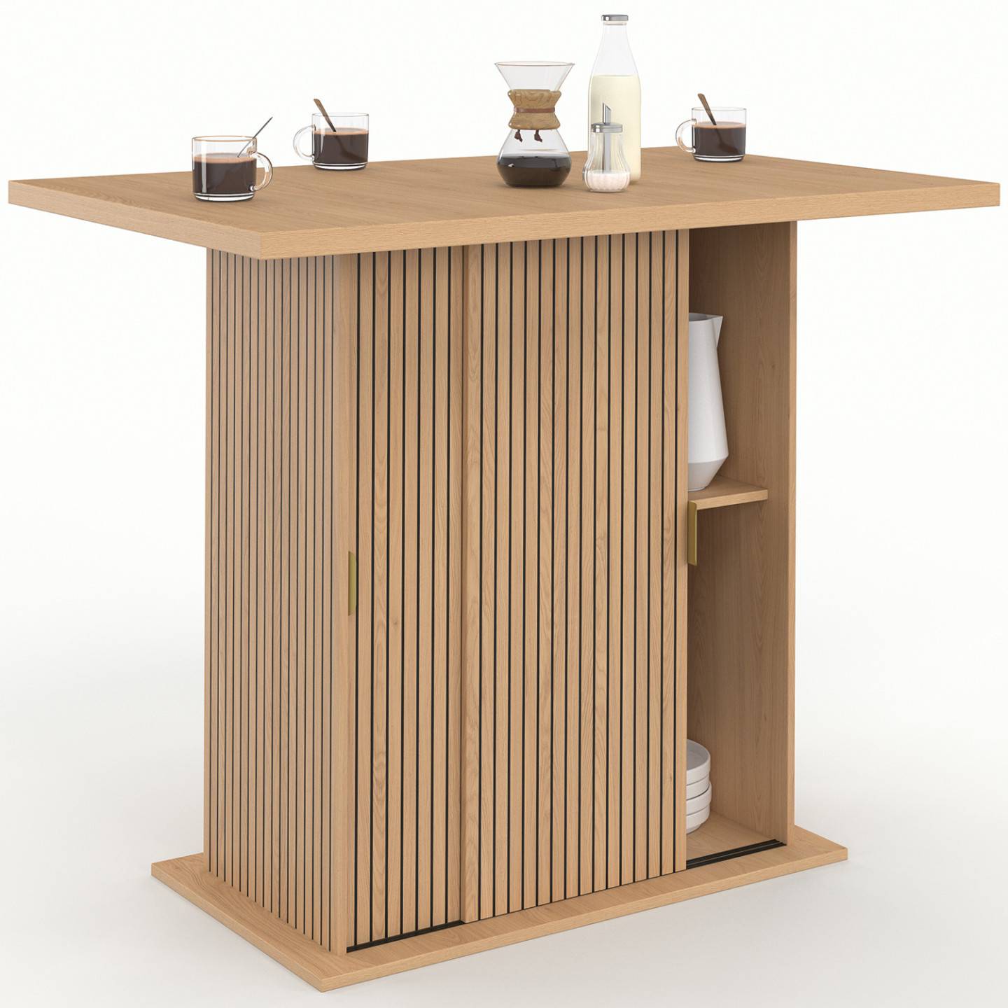 IDMARKET - Ilot central 4 personnes JULIETTE 110 cm pied central avec rangement effet lattes tasseau de bois - Image 2