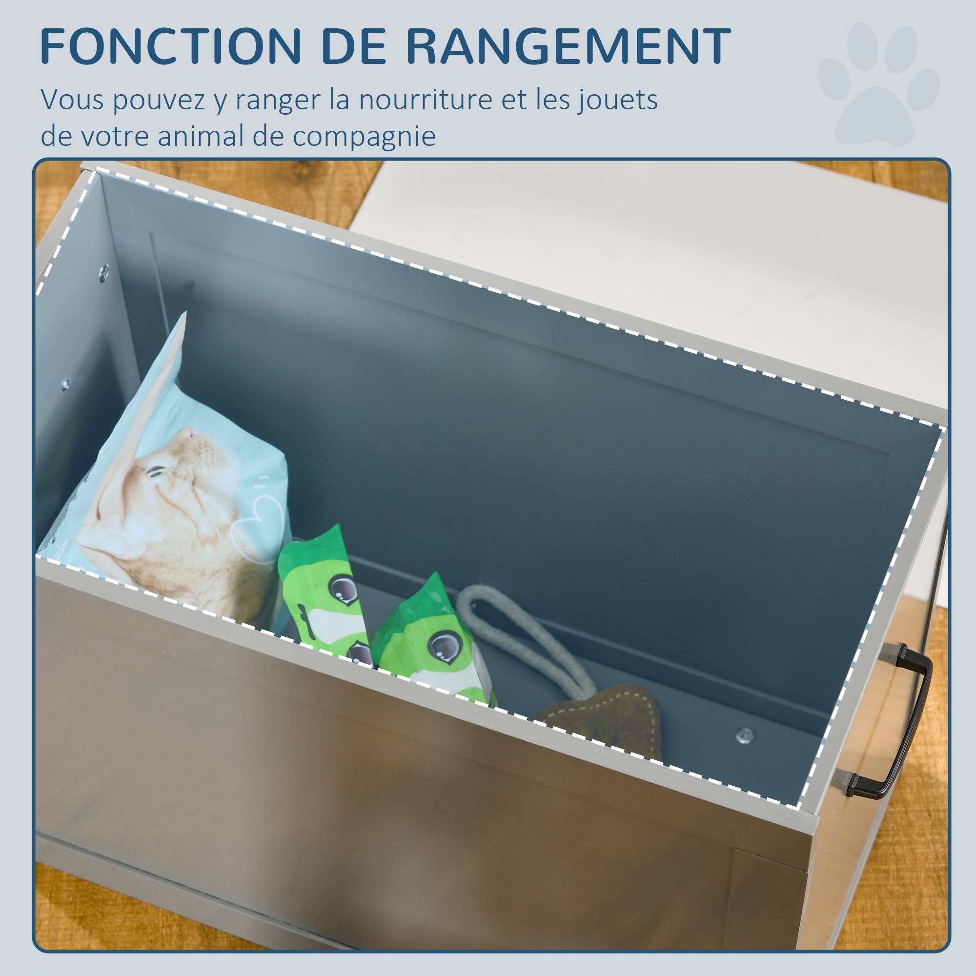 Gamelles chiens surélevées gamelle double chien chat Porte-gamelles surélevé dim. 60L x 30l x 41H cm 2 gamelles 2L poignées coffre bois gris - Image 10
