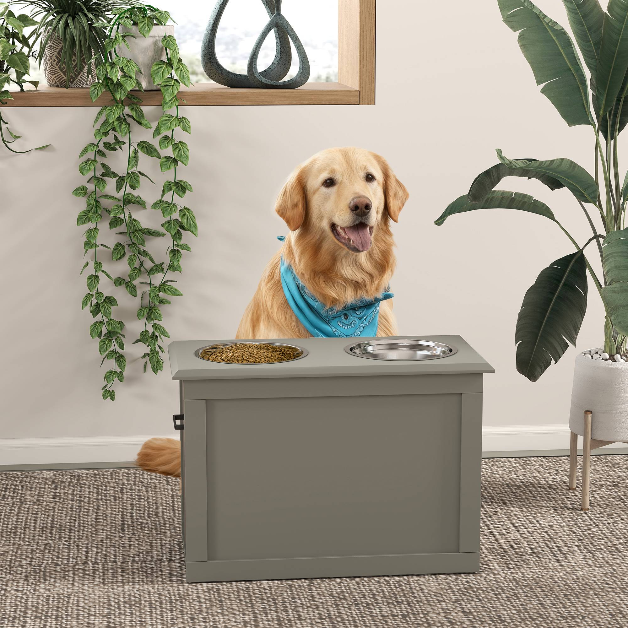 Gamelles chiens surélevées gamelle double chien chat Porte-gamelles surélevé dim. 60L x 30l x 41H cm 2 gamelles 2L poignées coffre bois gris - Image 4