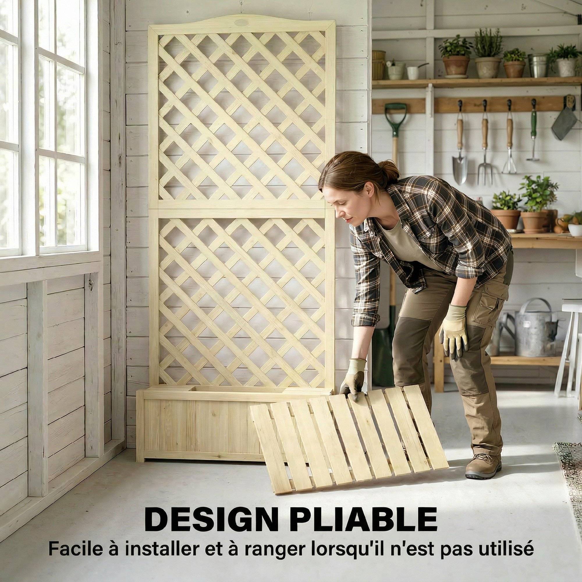 Jardinière Treillis Pliable Bois Sapin Balcon Plantes Grimpantes 73x70x170cm Naturel - ComfortXL Outdoor Living - Image 7