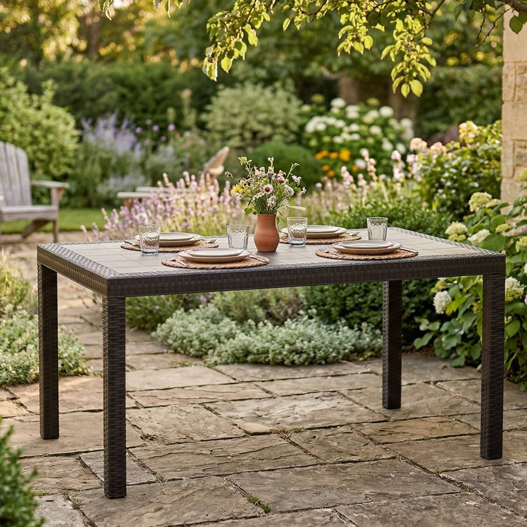 Dmora - Table d'extérieur Debueh, Etagère de jardin rectangulaire, Table de jardin polyvalente effet rotin, 150x90h74 cm, Anthracite - Dmora - Image 2