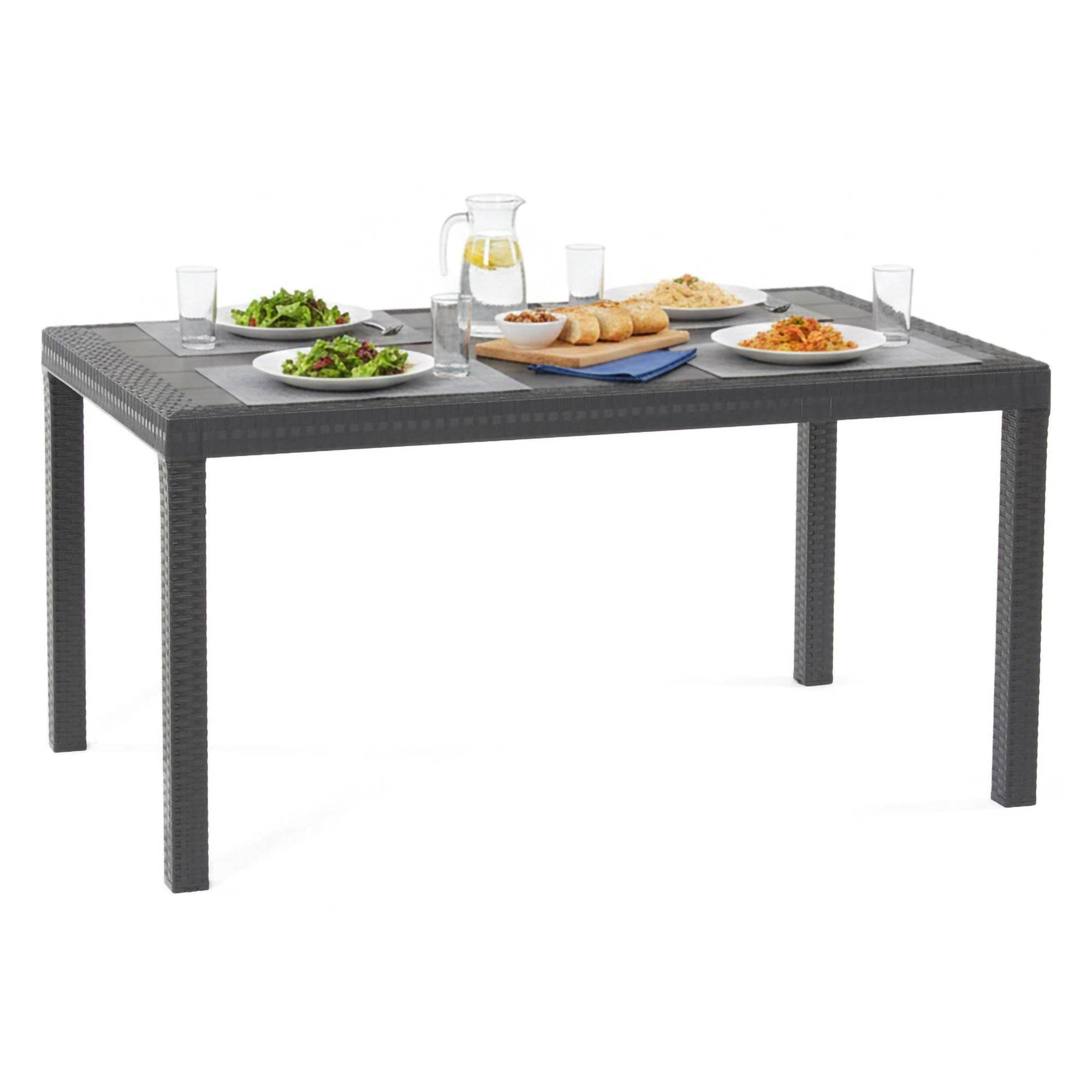 Dmora - Table d'extérieur Debueh, Etagère de jardin rectangulaire, Table de jardin polyvalente effet rotin, 150x90h74 cm, Anthracite - Dmora - Image 1