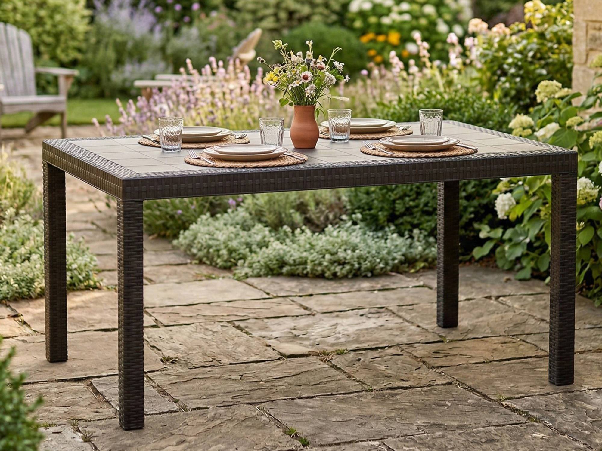 Dmora - Table d'extérieur Debueh, Etagère de jardin rectangulaire, Table de jardin polyvalente effet rotin, 150x90h74 cm, Anthracite - Dmora - Image 6