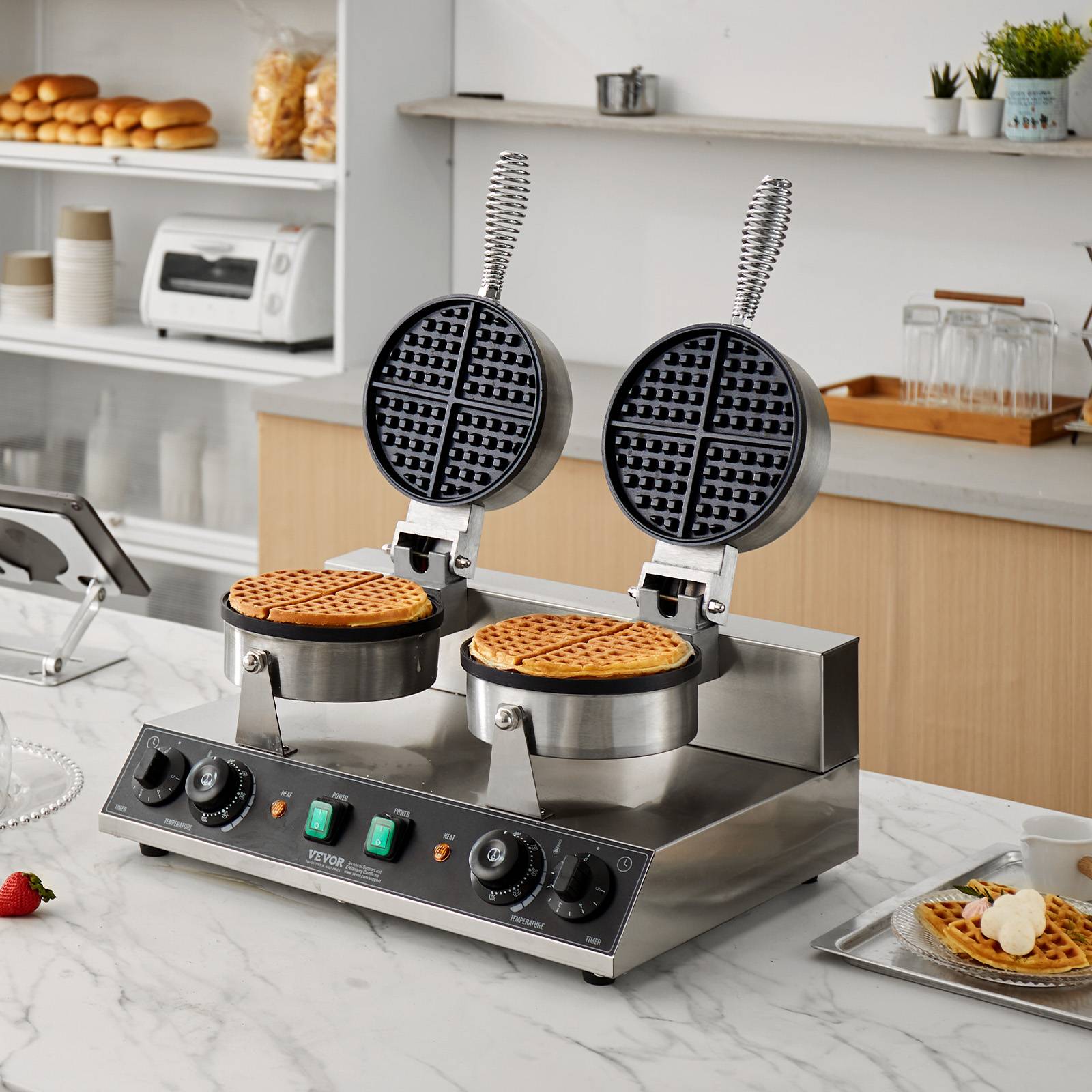 VEVOR Gaufrier commercial 2460W, appareil gaufre ronde double tête, inox, contrôle temperature/temps. - Image 8