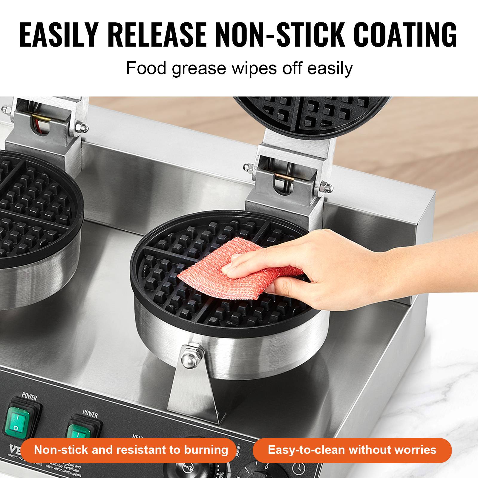 VEVOR Gaufrier commercial 2460W, appareil gaufre ronde double tête, inox, contrôle temperature/temps. - Image 4