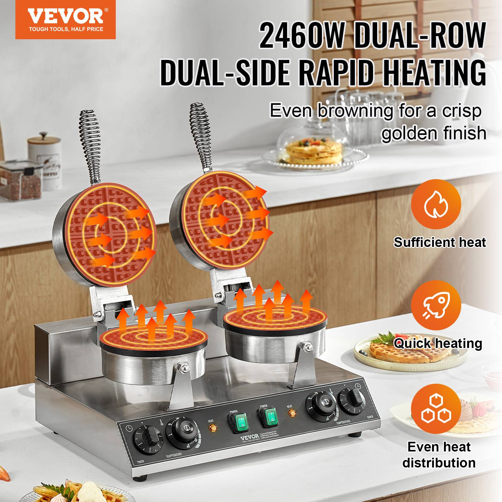 VEVOR Gaufrier commercial 2460W, appareil gaufre ronde double tête, inox, contrôle temperature/temps. - Image 2