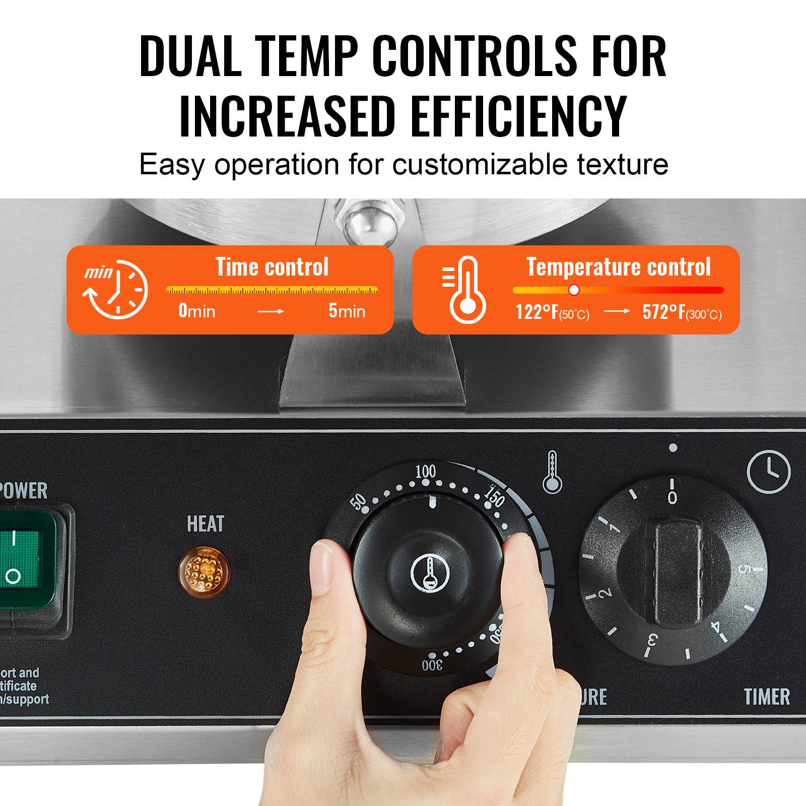 VEVOR Gaufrier commercial 2460W, appareil gaufre ronde double tête, inox, contrôle temperature/temps. - Image 3