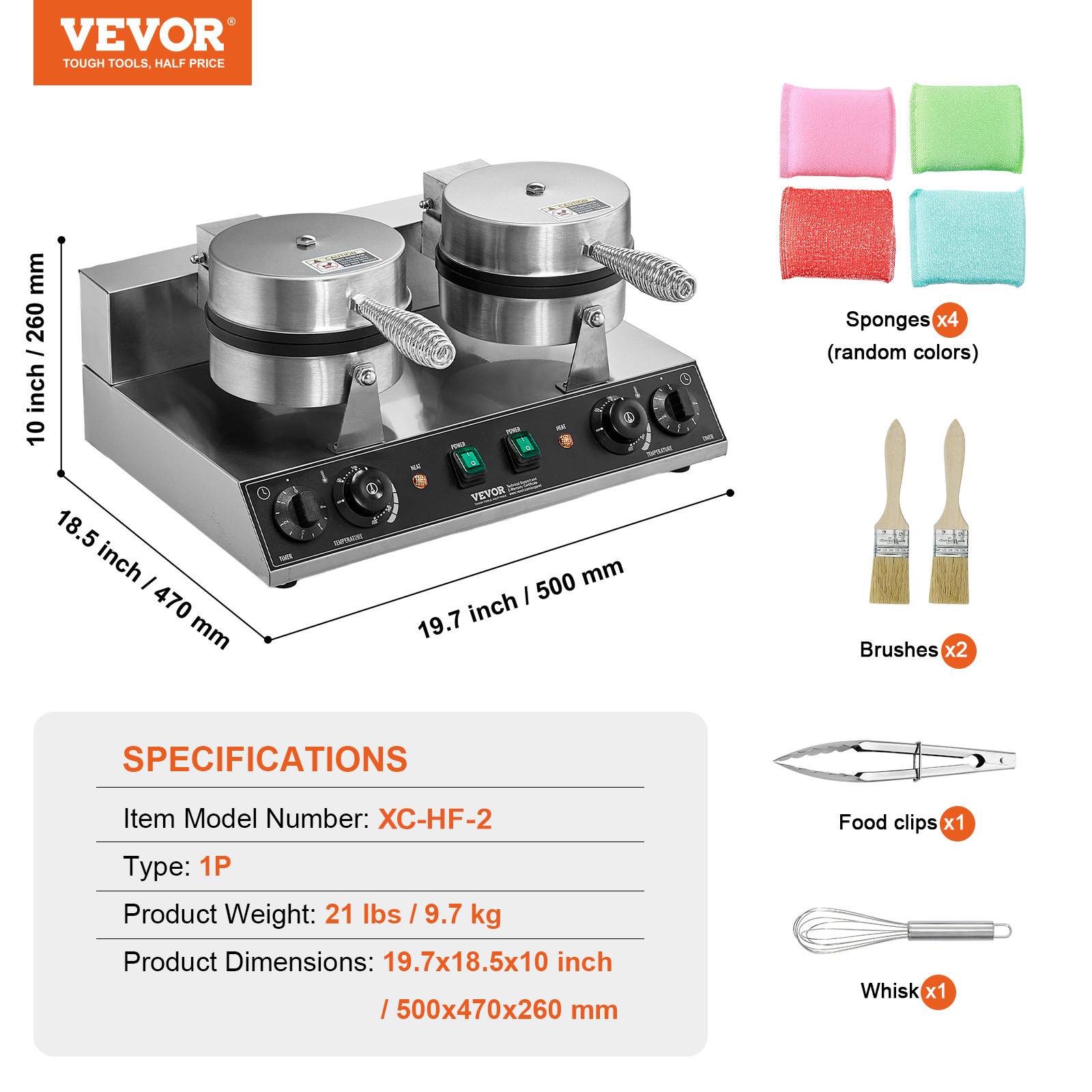 VEVOR Gaufrier commercial 2460W, appareil gaufre ronde double tête, inox, contrôle temperature/temps. - Image 7