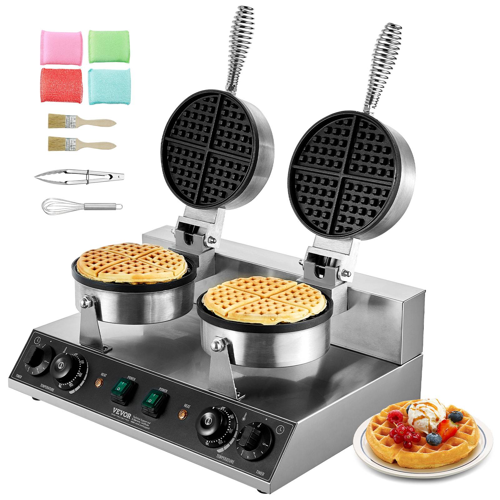 VEVOR Gaufrier commercial 2460W, appareil gaufre ronde double tête, inox, contrôle temperature/temps. - Image 1