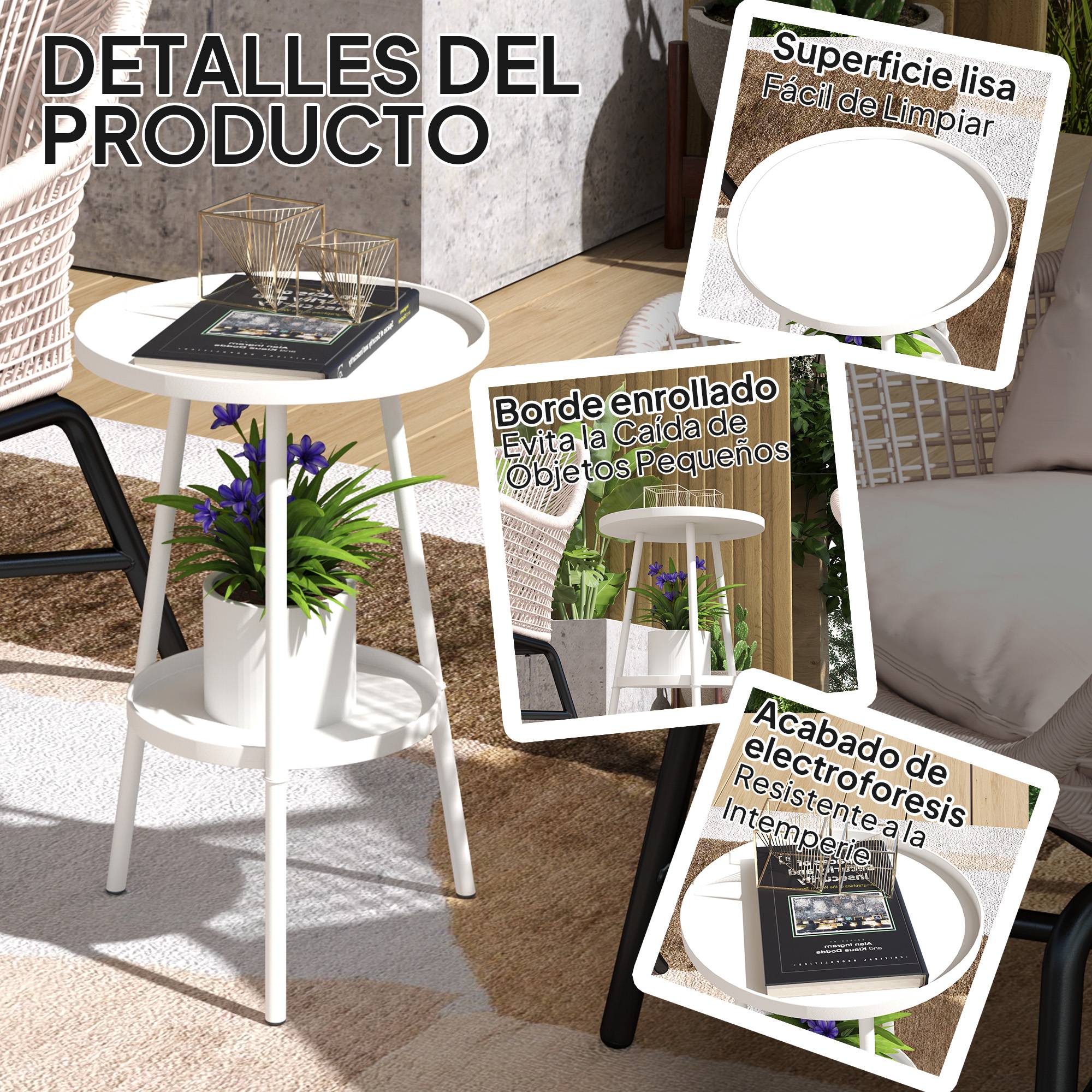 Table de jardin ronde à 2 niveaux avec rebords surélevés et plateau inférieur, pour une utilisation intérieure et extérieure, Ø 32 x 51 cm, blanche - Image 7