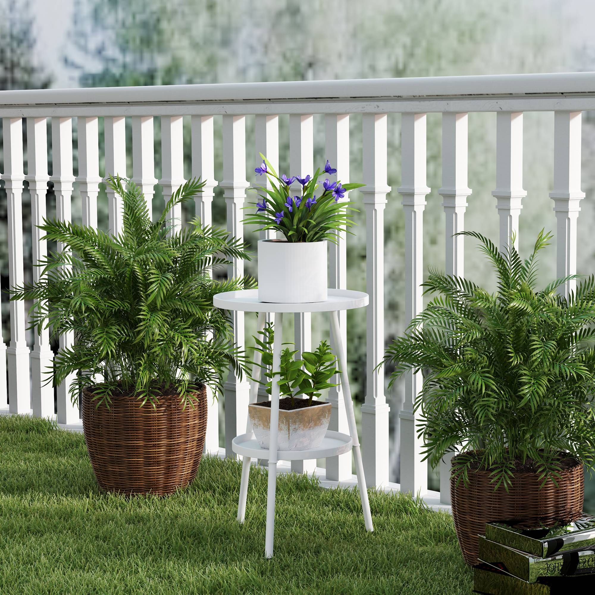 Table de jardin ronde à 2 niveaux avec rebords surélevés et plateau inférieur, pour une utilisation intérieure et extérieure, Ø 32 x 51 cm, blanche - Image 9