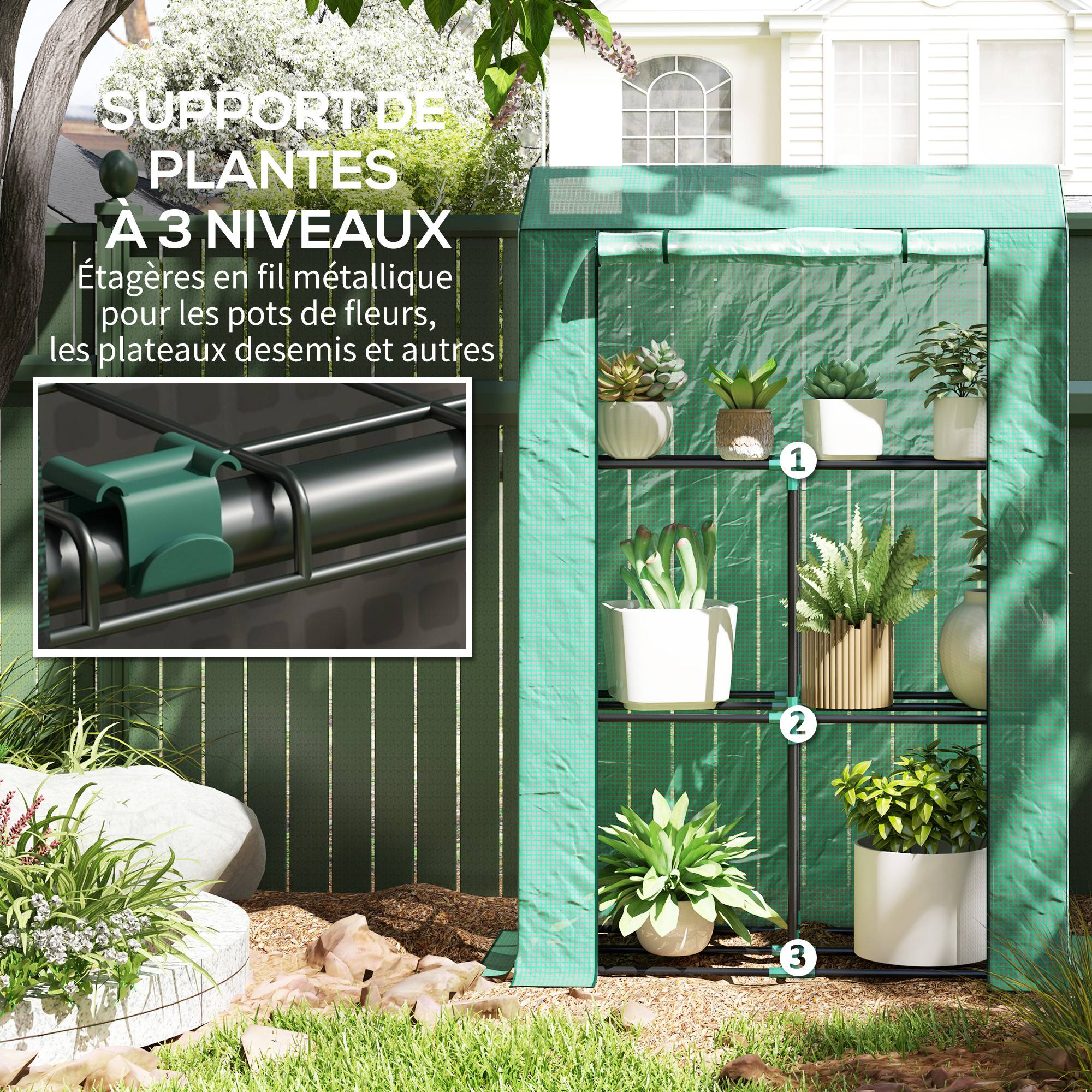 Serre de jardin avec étagères 3 niveaux serre d'hivernage bâche renforcée en PE porte enroulable 100 x 40 x 150 cm vert - Image 7