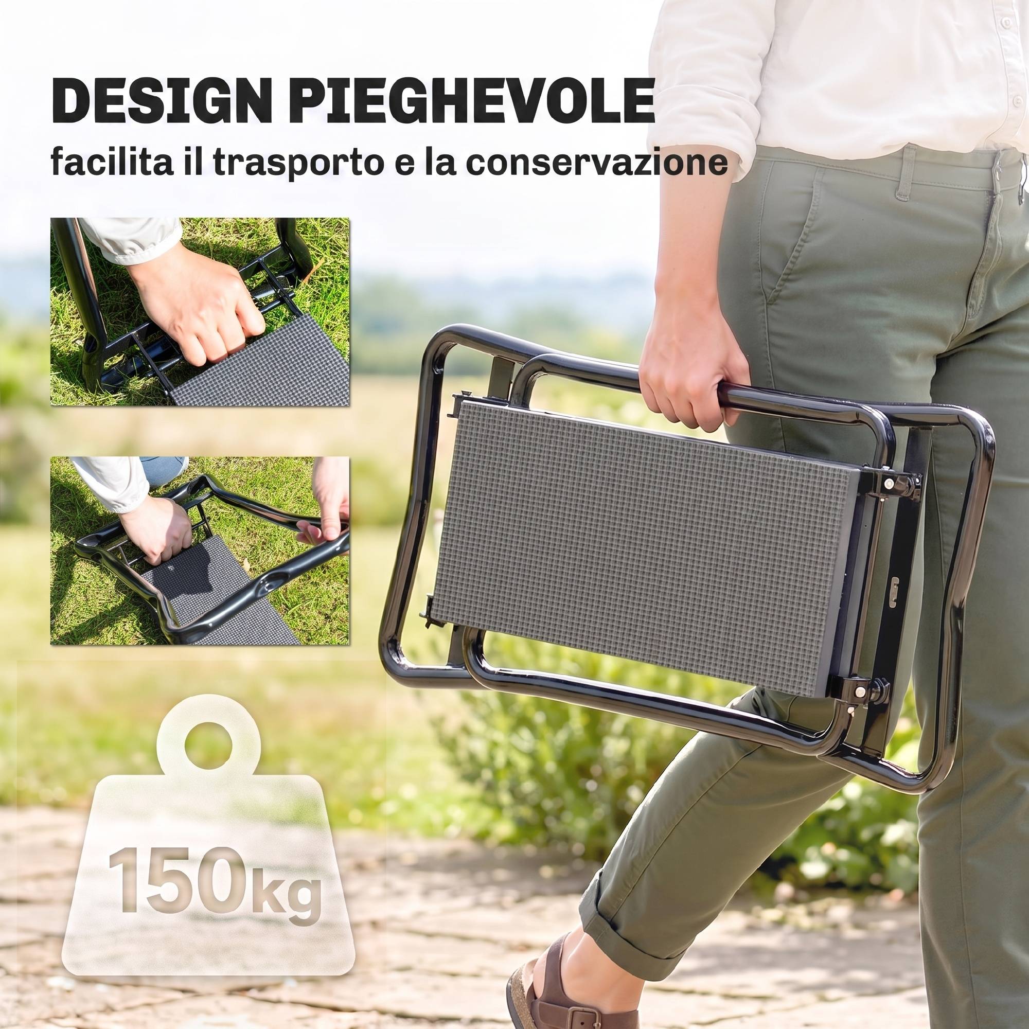 ComfortXL - Banc agenouilloir de jardin pliable en acier et EVA gris et noir 58 x 28 x 49 cm pour jardiner confortablement - Image 5