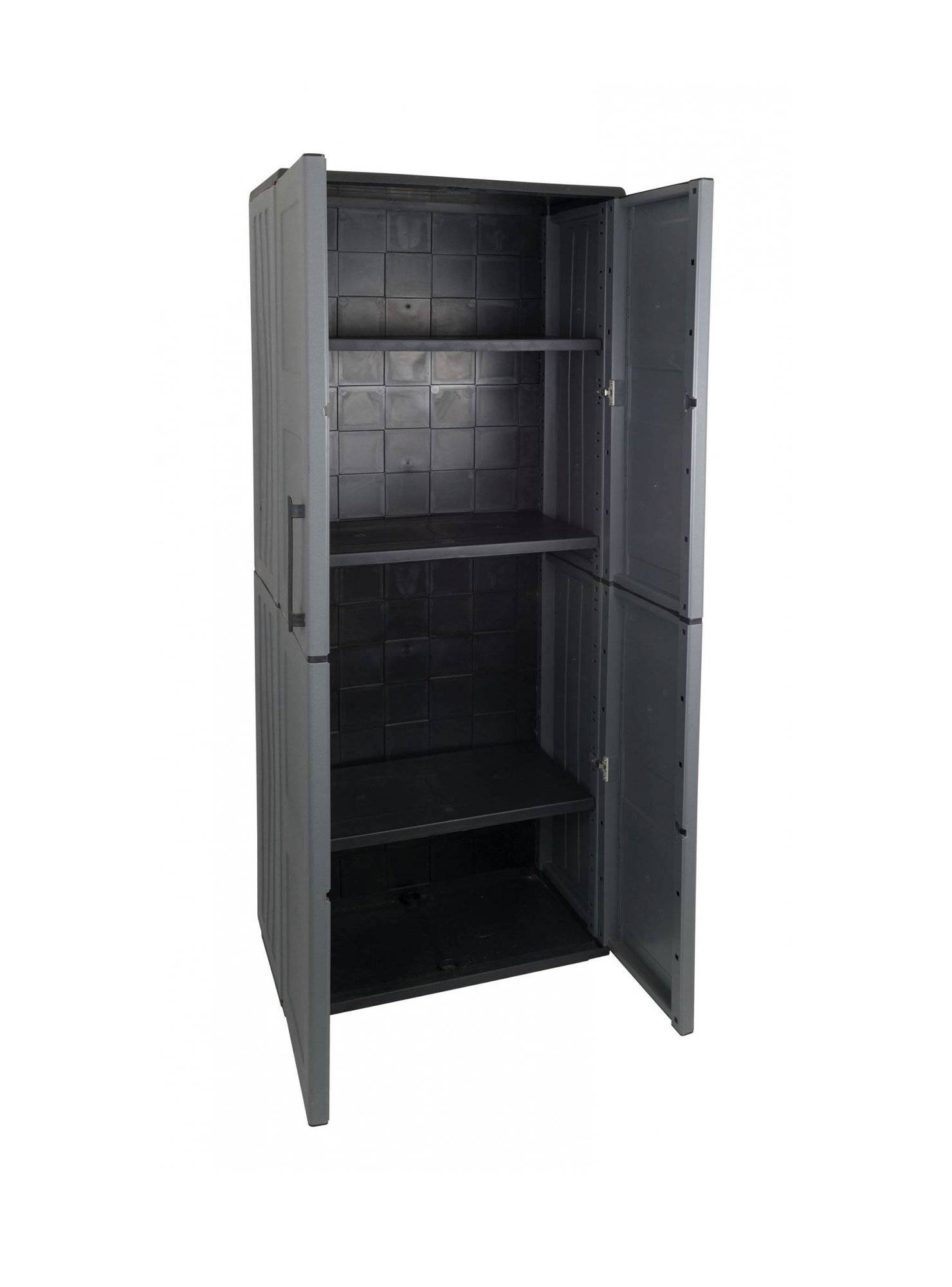 Dmora - Armoire d'extérieur Dambrosin, Meubles de balcon, Armoire polyvalente avec étagères, 68x37h163 cm, Gris et Noir, Finition damier - Dmora - Image 4