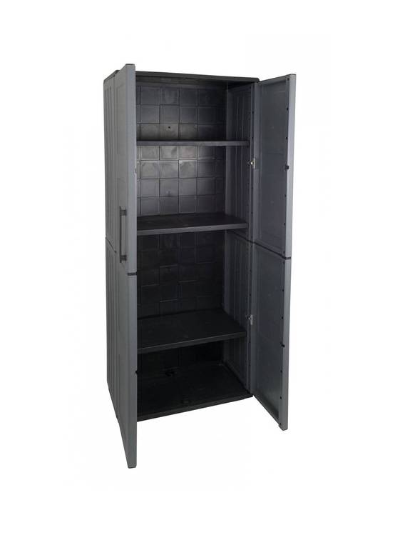 Dmora - Armoire d'extérieur Dambrosin, Meubles de balcon, Armoire polyvalente avec étagères, 68x37h163 cm, Gris et Noir, Finition damier - Dmora - Image 4