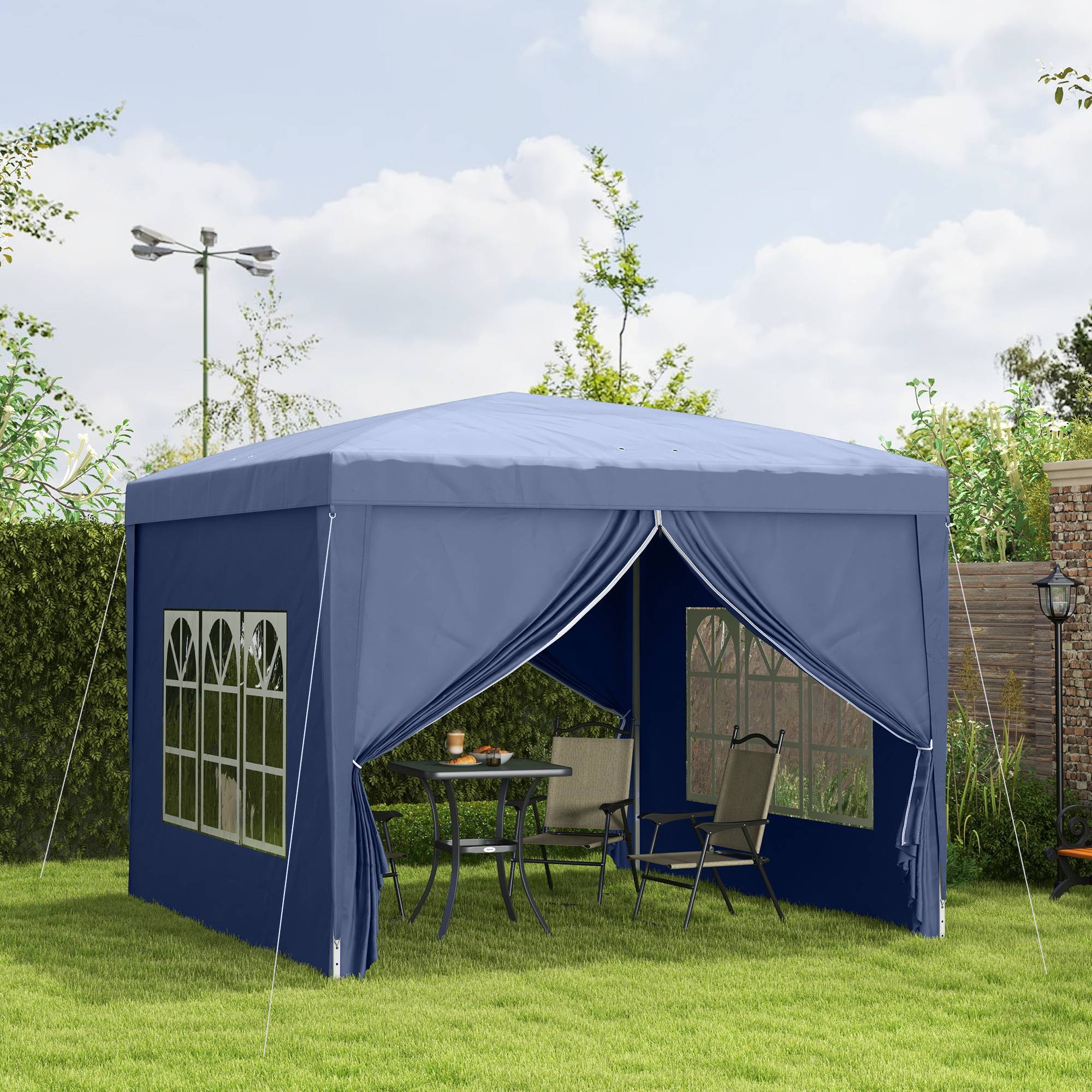 Tonnelle bleue 3x3 m pliante avec 4 parois amovibles et protection anti-UV, abri design sobre pour terrasse pratique et protégé - Image 4