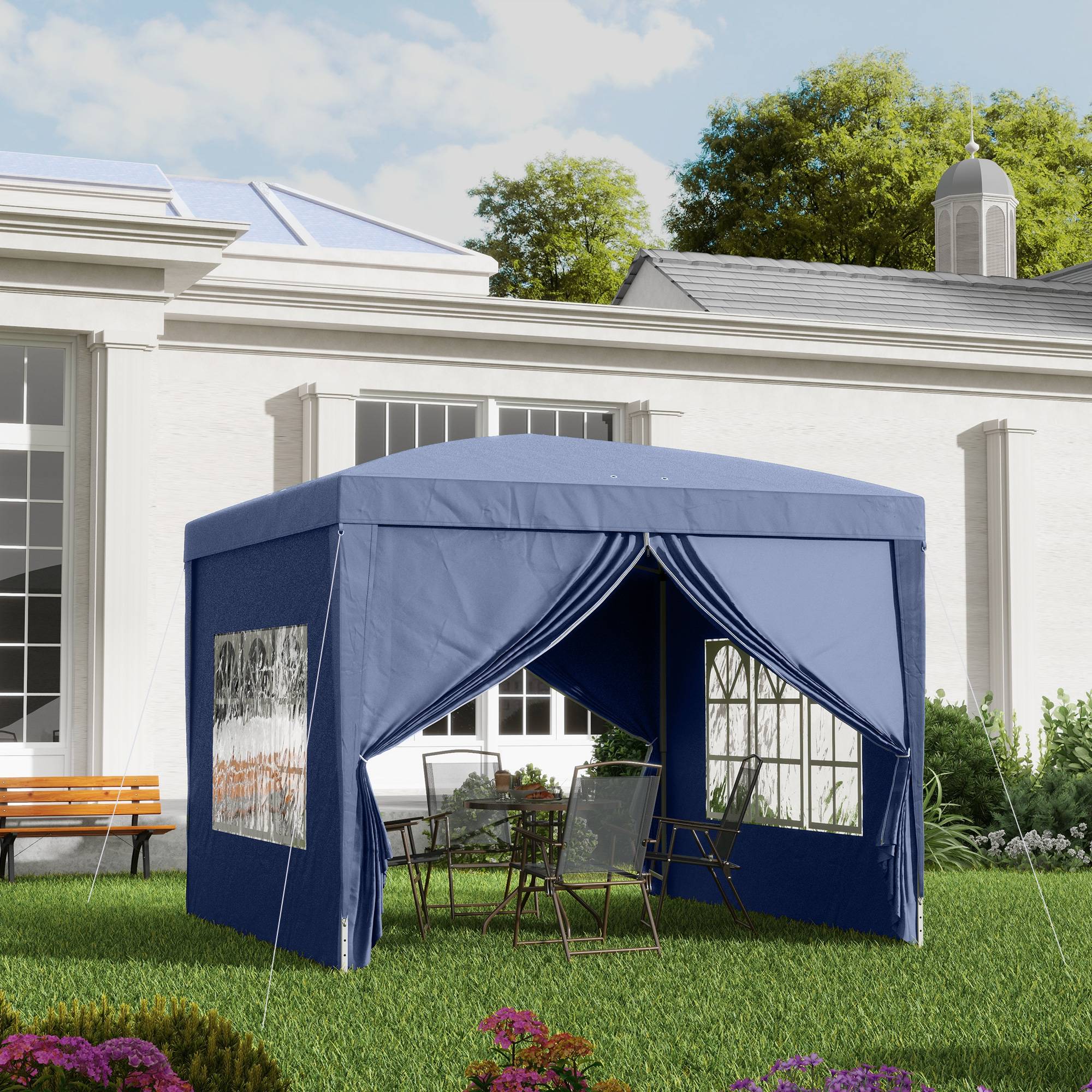 Tonnelle bleue 3x3 m pliante avec 4 parois amovibles et protection anti-UV, abri design sobre pour terrasse pratique et protégé - Image 3