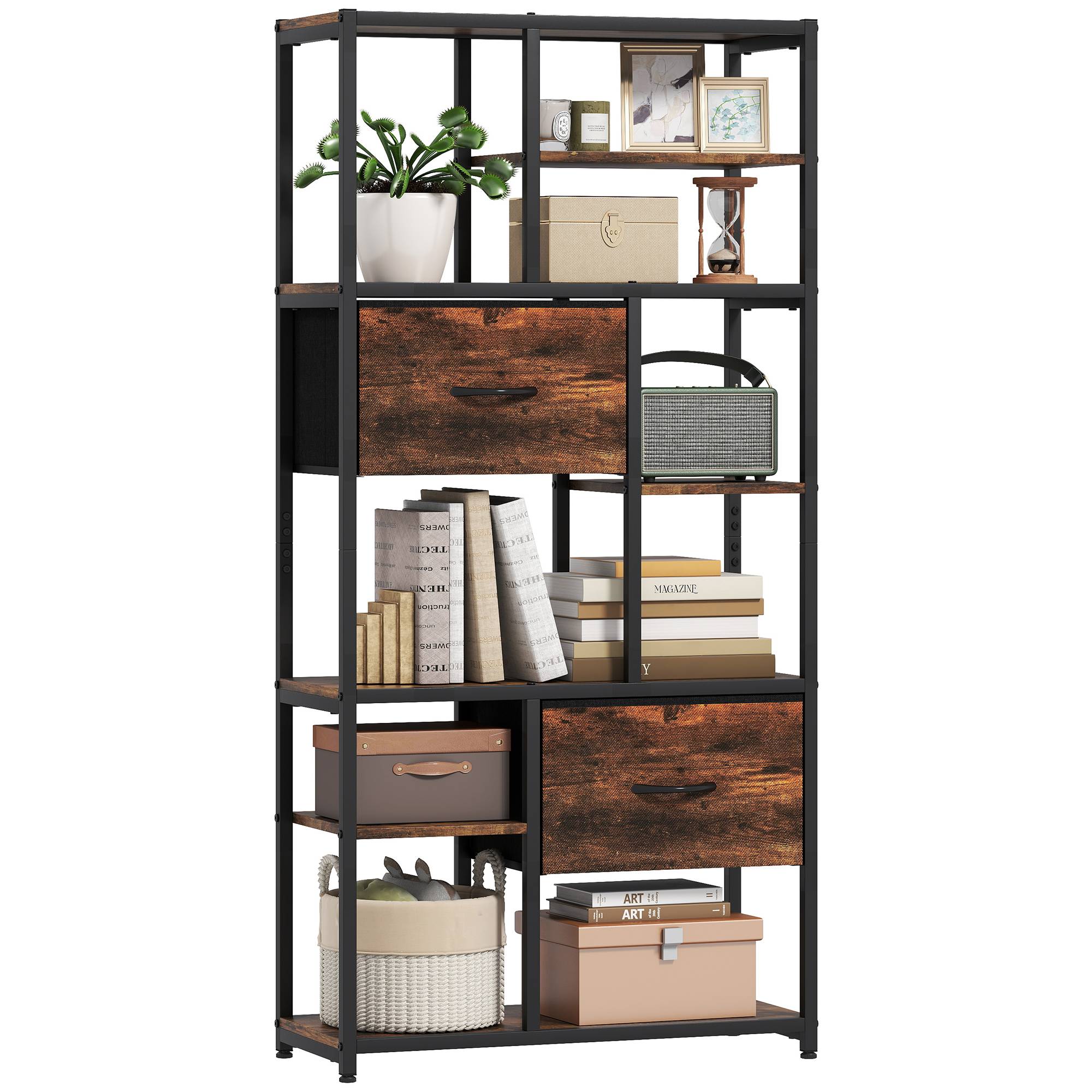 Étagère de rangement, 2 tiroirs en tissu, 9 compartiments ouverts, étagère autoportante avec structure en acier, marron et noir - Image 1