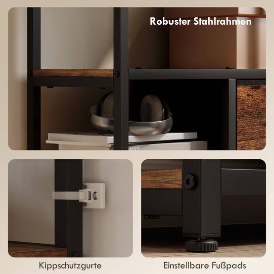 Étagère de rangement, 2 tiroirs en tissu, 9 compartiments ouverts, étagère autoportante avec structure en acier, marron et noir - Image 8
