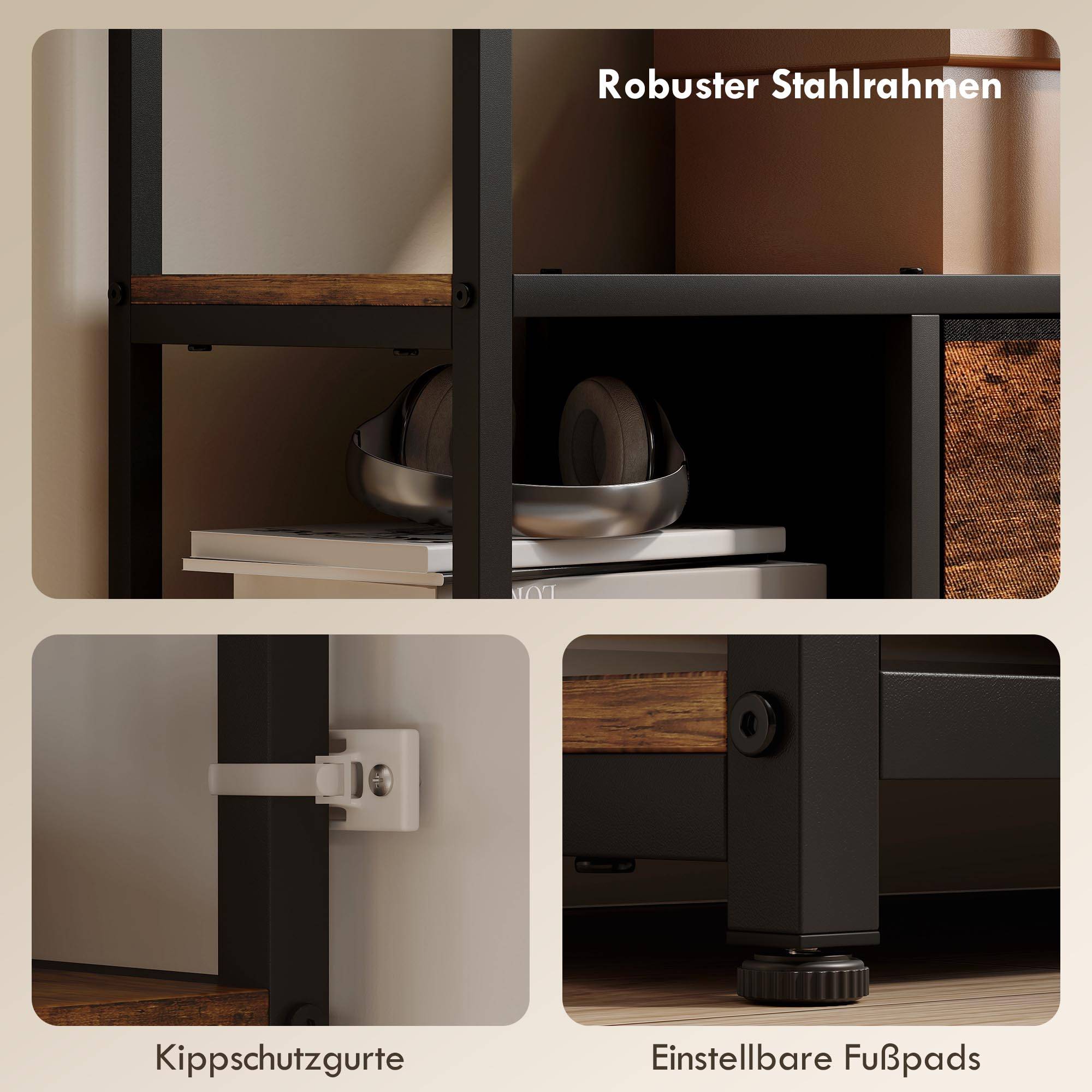 Étagère de rangement, 2 tiroirs en tissu, 9 compartiments ouverts, étagère autoportante avec structure en acier, marron et noir - Image 8