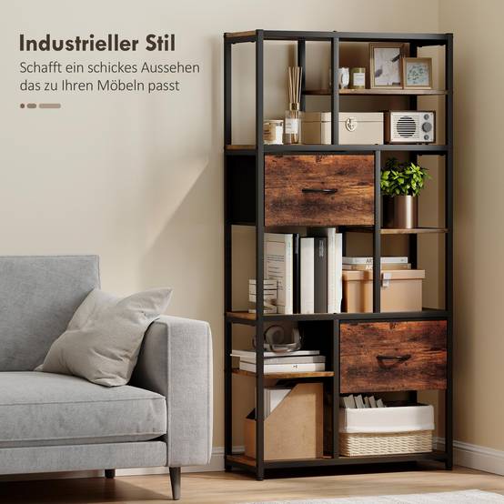 Étagère de rangement, 2 tiroirs en tissu, 9 compartiments ouverts, étagère autoportante avec structure en acier, marron et noir - Image 7