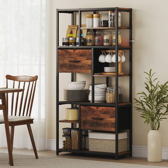Étagère de rangement, 2 tiroirs en tissu, 9 compartiments ouverts, étagère autoportante avec structure en acier, marron et noir - Image 10