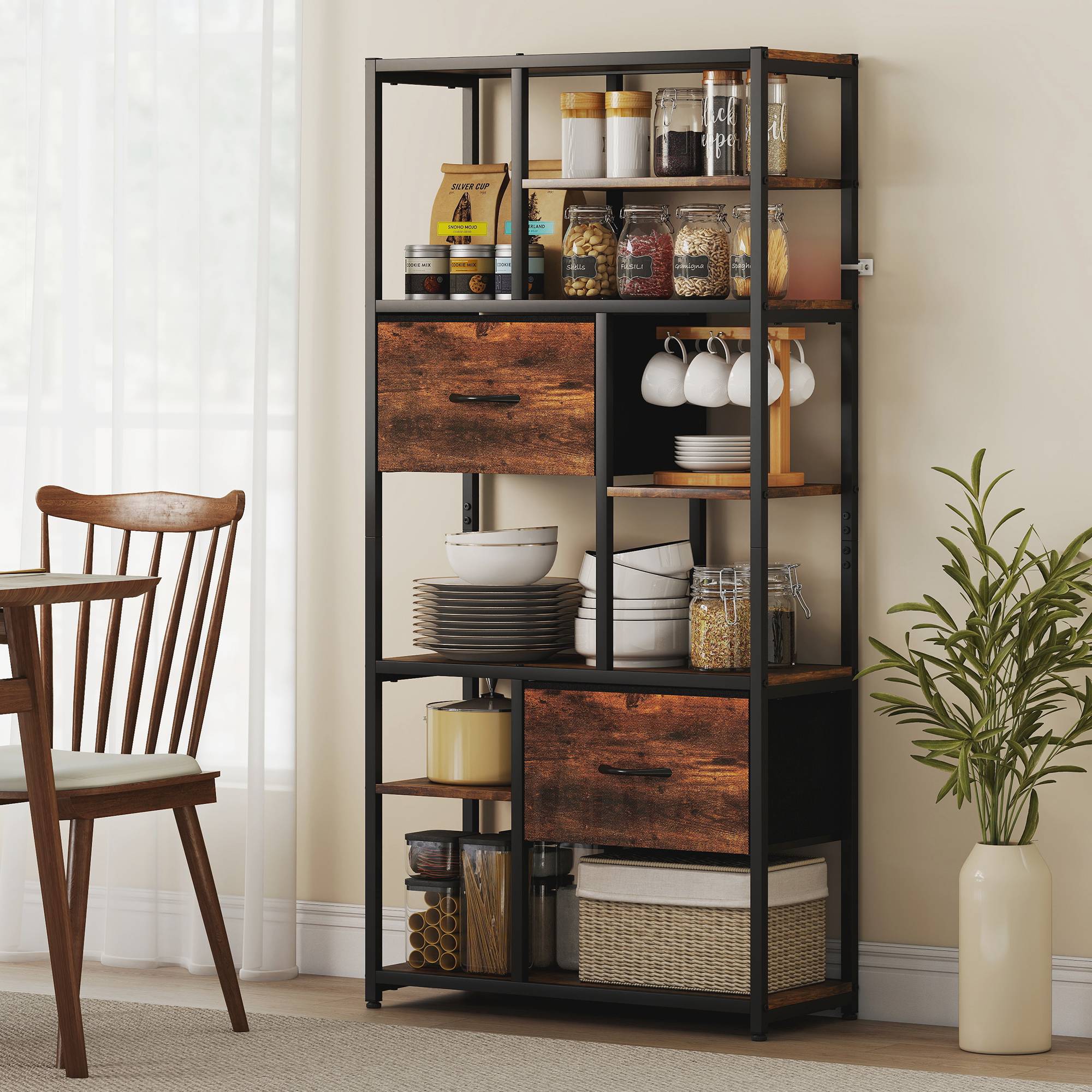 Étagère de rangement, 2 tiroirs en tissu, 9 compartiments ouverts, étagère autoportante avec structure en acier, marron et noir - Image 10
