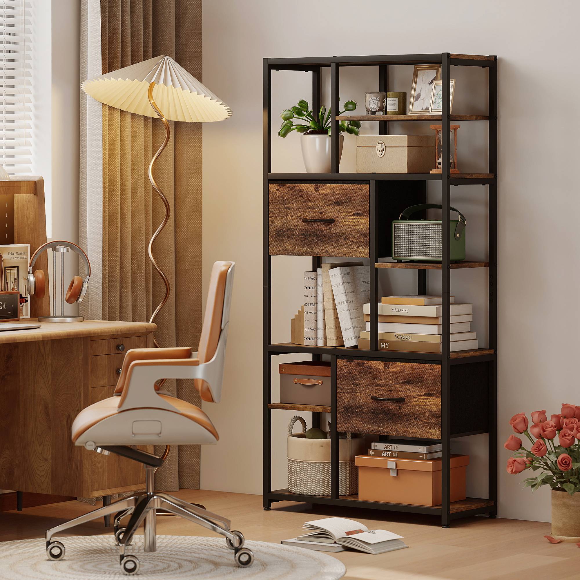 Étagère de rangement, 2 tiroirs en tissu, 9 compartiments ouverts, étagère autoportante avec structure en acier, marron et noir - Image 9