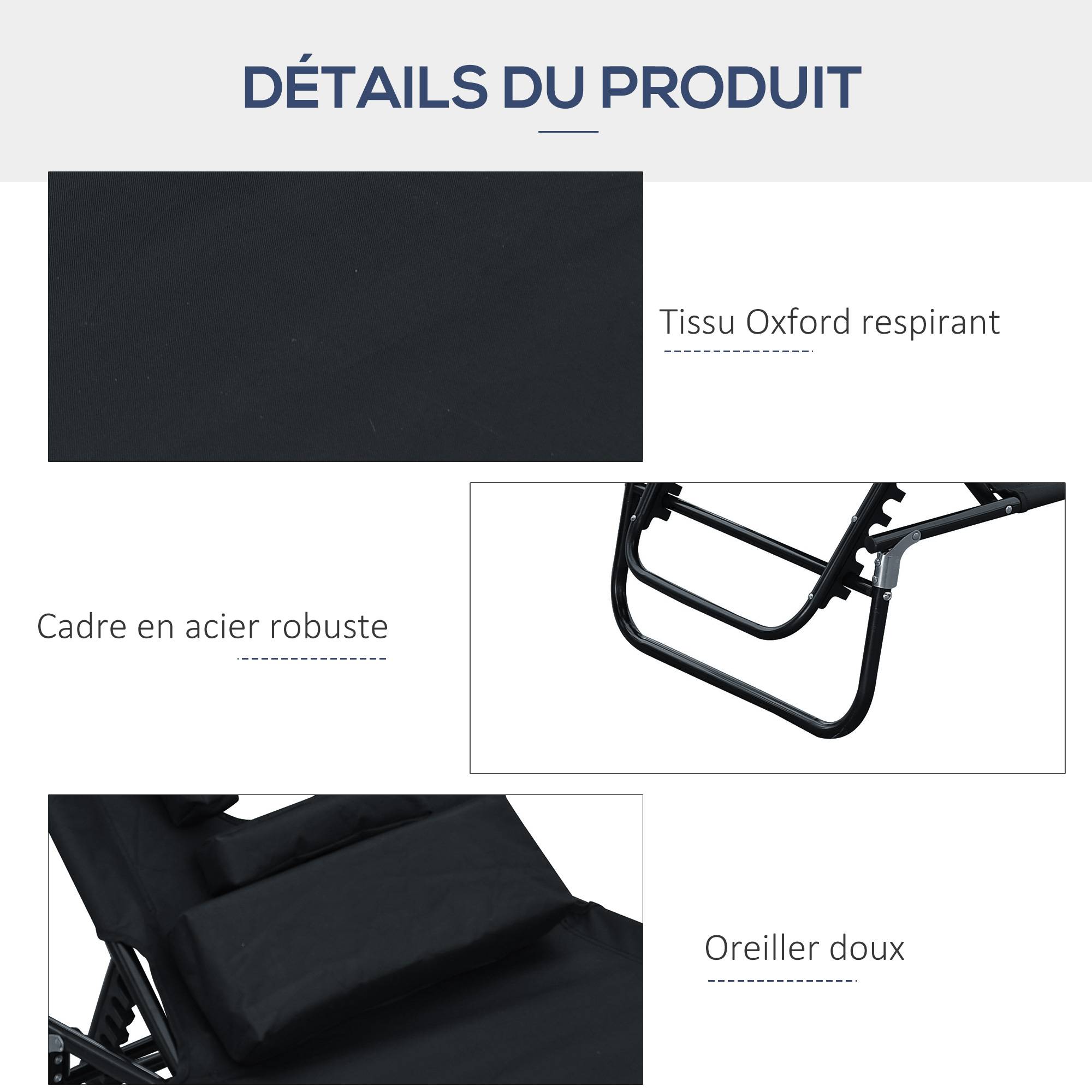 Chaise longue jardin pliante lecture noire, transat relax noir inclinable pour lire confortablement - Image 8