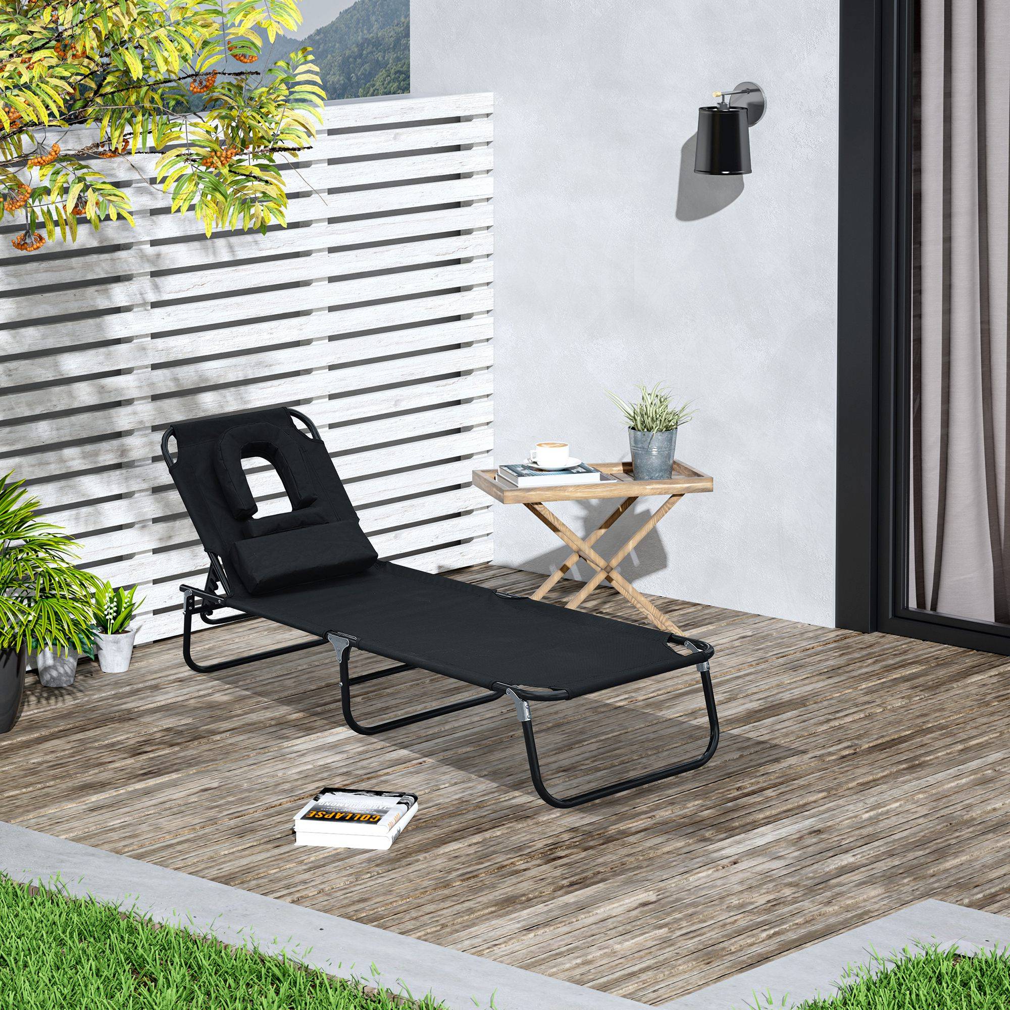 Chaise longue jardin pliante lecture noire, transat relax noir inclinable pour lire confortablement - Image 3