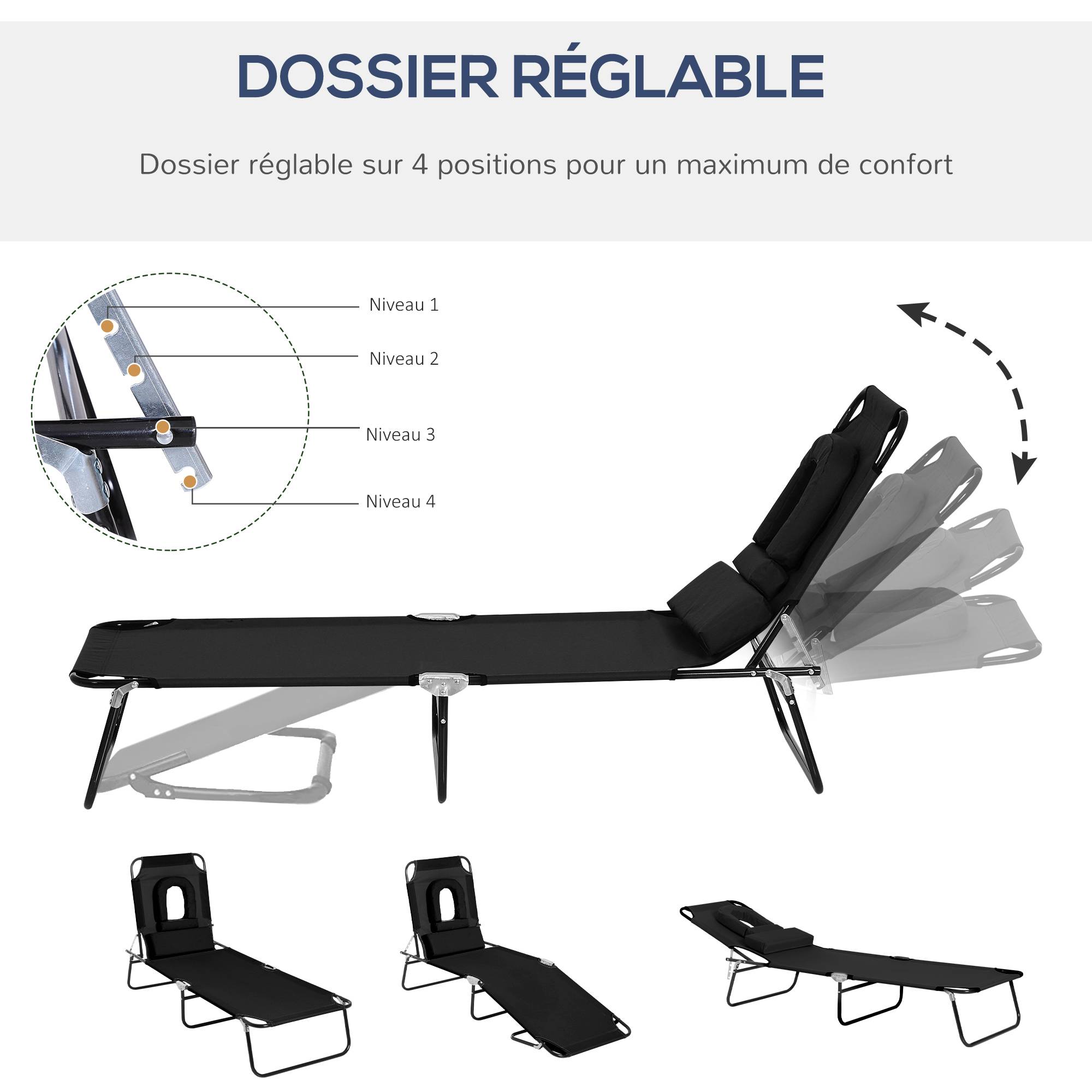 Chaise longue jardin pliante lecture noire, transat relax noir inclinable pour lire confortablement - Image 6