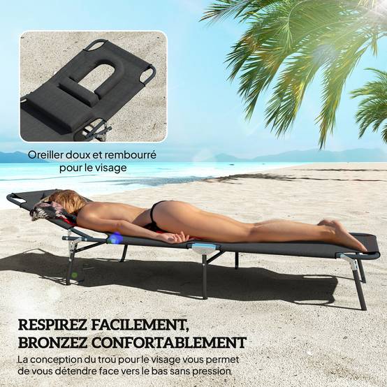 Chaise longue jardin pliante lecture noire, transat relax noir inclinable pour lire confortablement - Image 9