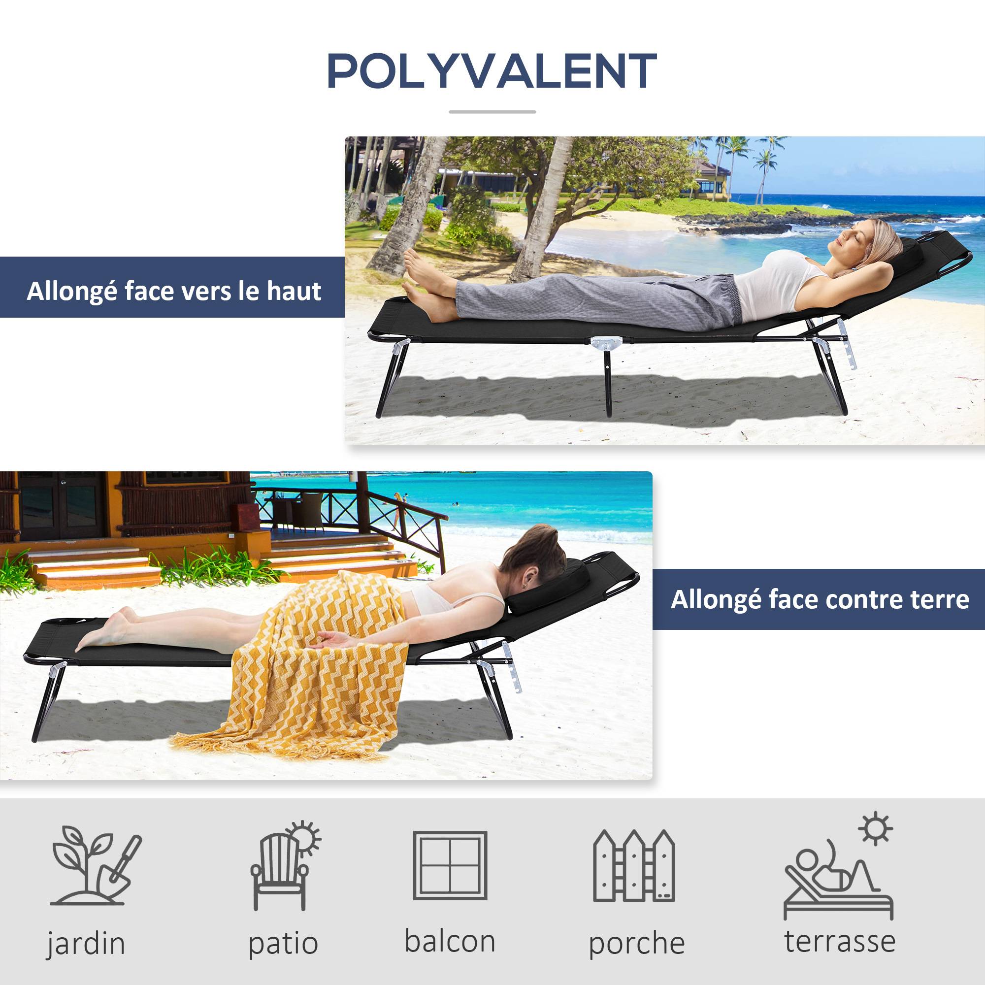 Chaise longue jardin pliante lecture noire, transat relax noir inclinable pour lire confortablement - Image 7