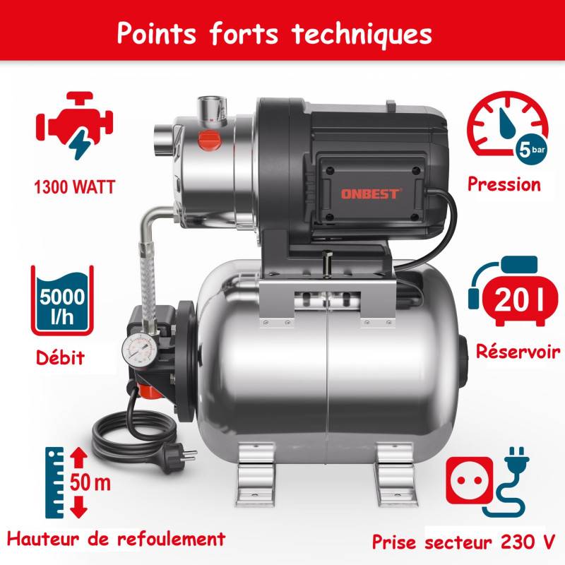 Surpresseur automatique domestique 1300W en acier inoxydable de 20 l idéal jardin et maison - Image 3