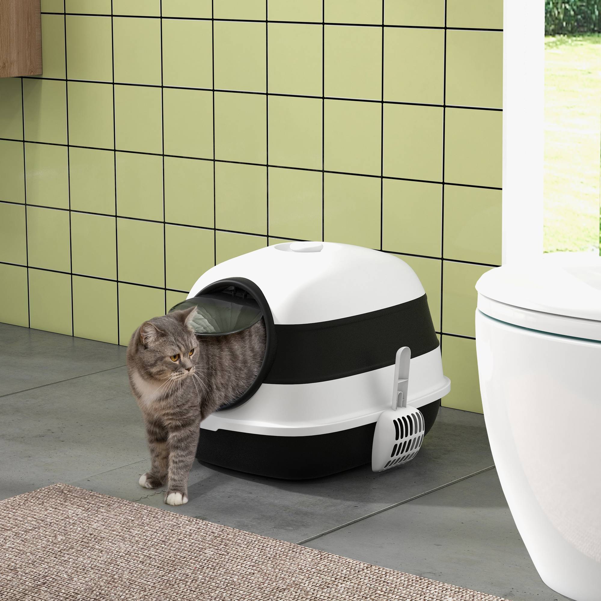 Sans Marque - Bac à litière fermé pour chat avec couvercle, pelle et désodorisant, design pliable, 52 x 41 x 38 cm, blanc et noir - Image 4