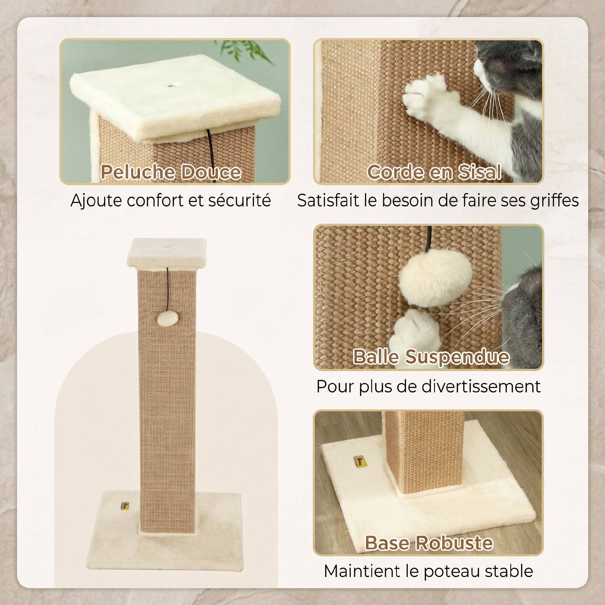 ComfortXL - Poteau griffoir pour chat en sisal et peluche beige 41 x 41 x 81 cm avec balle suspendue et base stable - Image 5