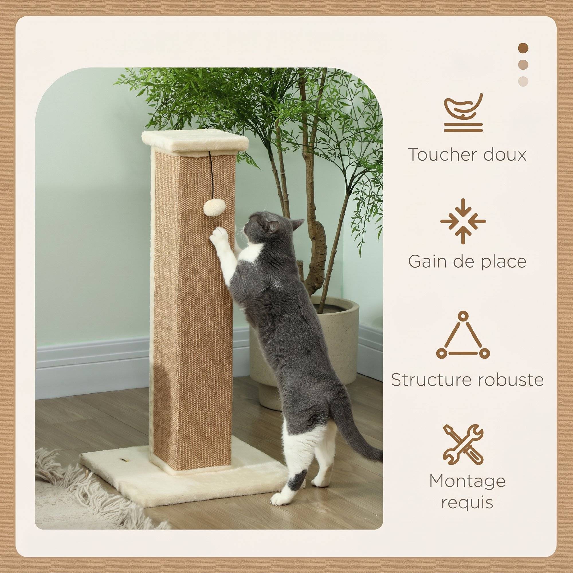 ComfortXL - Poteau griffoir pour chat en sisal et peluche beige 41 x 41 x 81 cm avec balle suspendue et base stable - Image 4