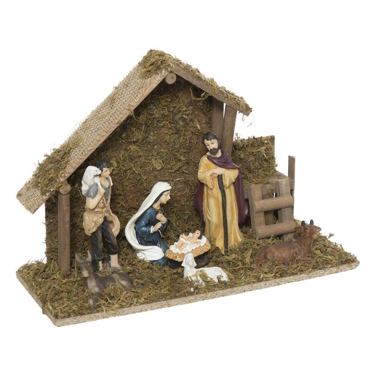 Fééric Lights & Christmas - Crèche de Noël à LED avec 7 santons 30x20cm résine et bois - Feeric Lights & Christmas