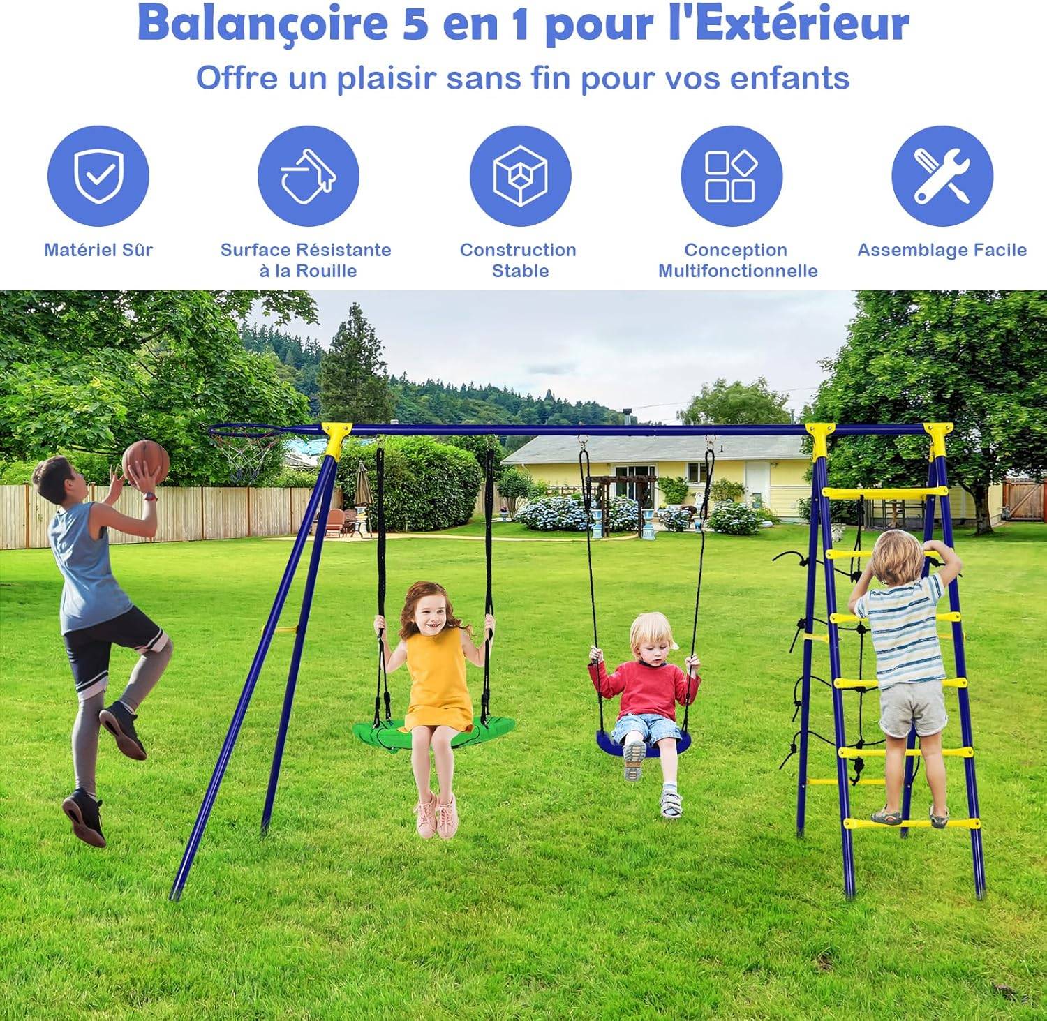 5 en 1 Balançoire Enfants Extérieur avec Panier de Basket, Charge 75kg - Image 1