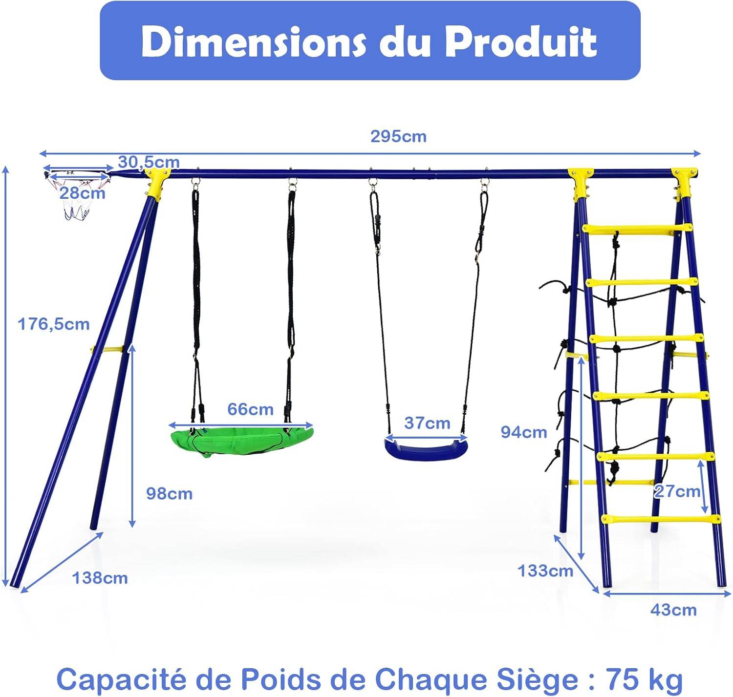 5 en 1 Balançoire Enfants Extérieur avec Panier de Basket,  Charge 75kg - Image 4